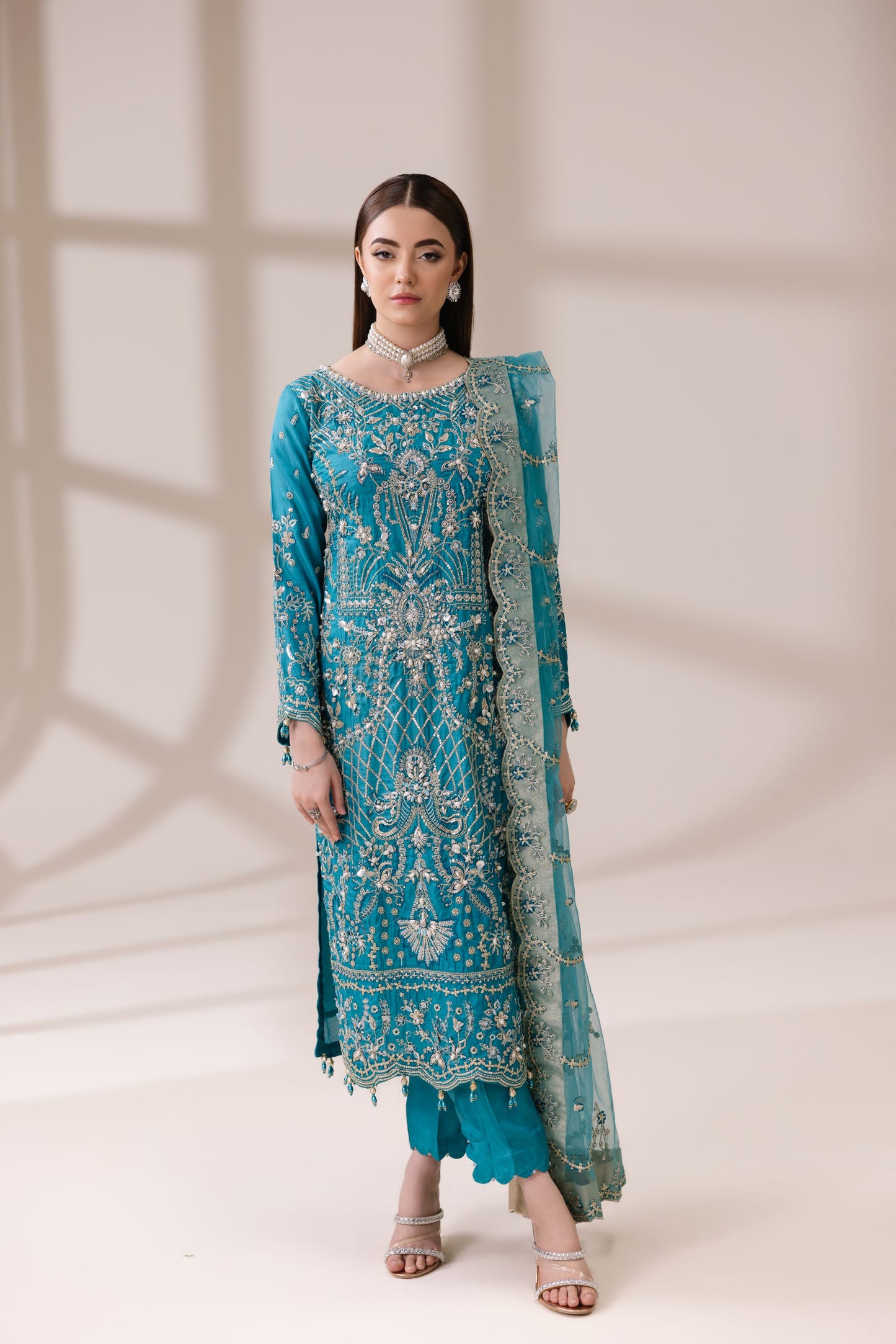 Teal Masoori Embroidered Shirt with Silk Trousers & Net Dupatta | Rasm by Mona – MKR4