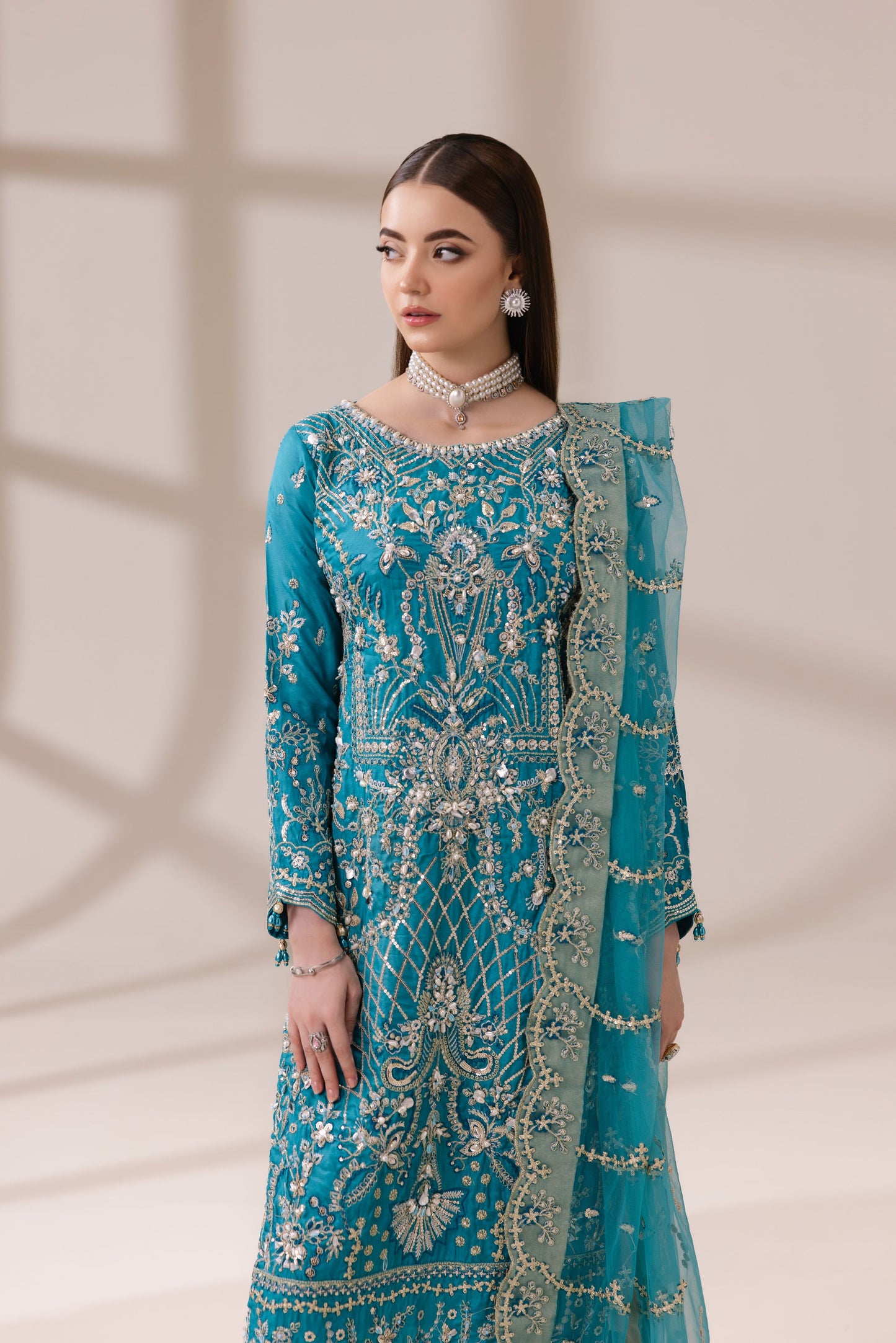 Teal Masoori Embroidered Shirt with Silk Trousers & Net Dupatta | Rasm by Mona – MKR4