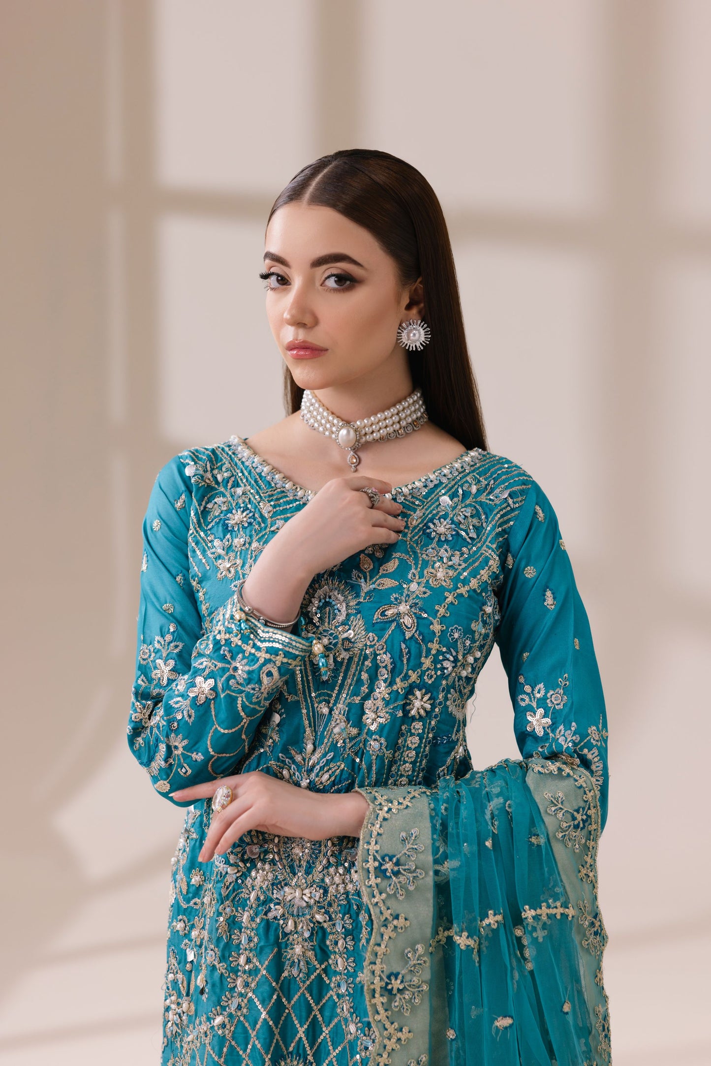Teal Masoori Embroidered Shirt with Silk Trousers & Net Dupatta | Rasm by Mona – MKR4