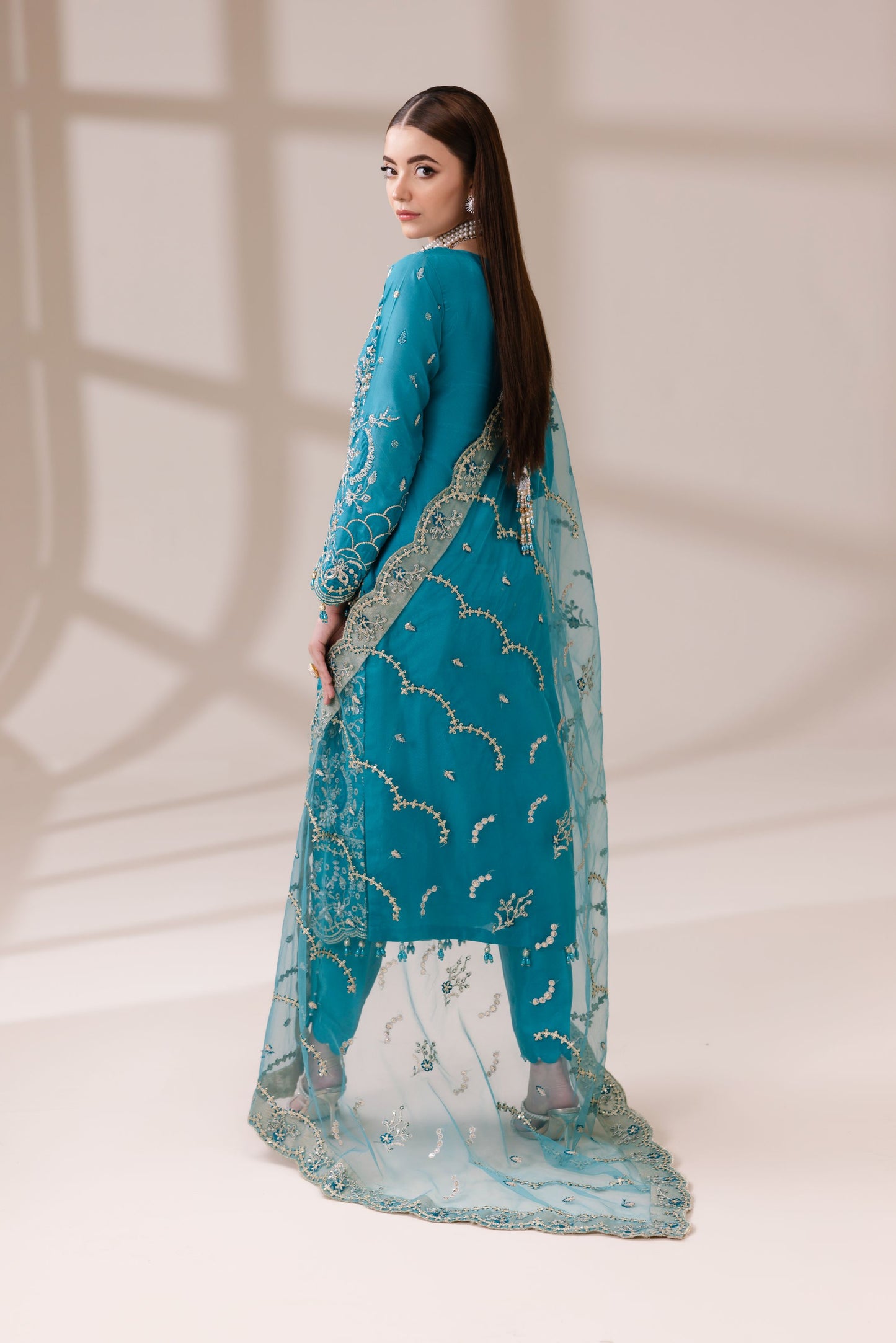 Teal Masoori Embroidered Shirt with Silk Trousers & Net Dupatta | Rasm by Mona – MKR4