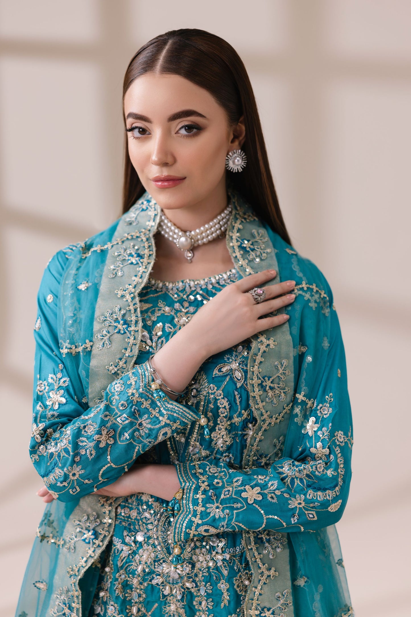 Teal Masoori Embroidered Shirt with Silk Trousers & Net Dupatta | Rasm by Mona – MKR4
