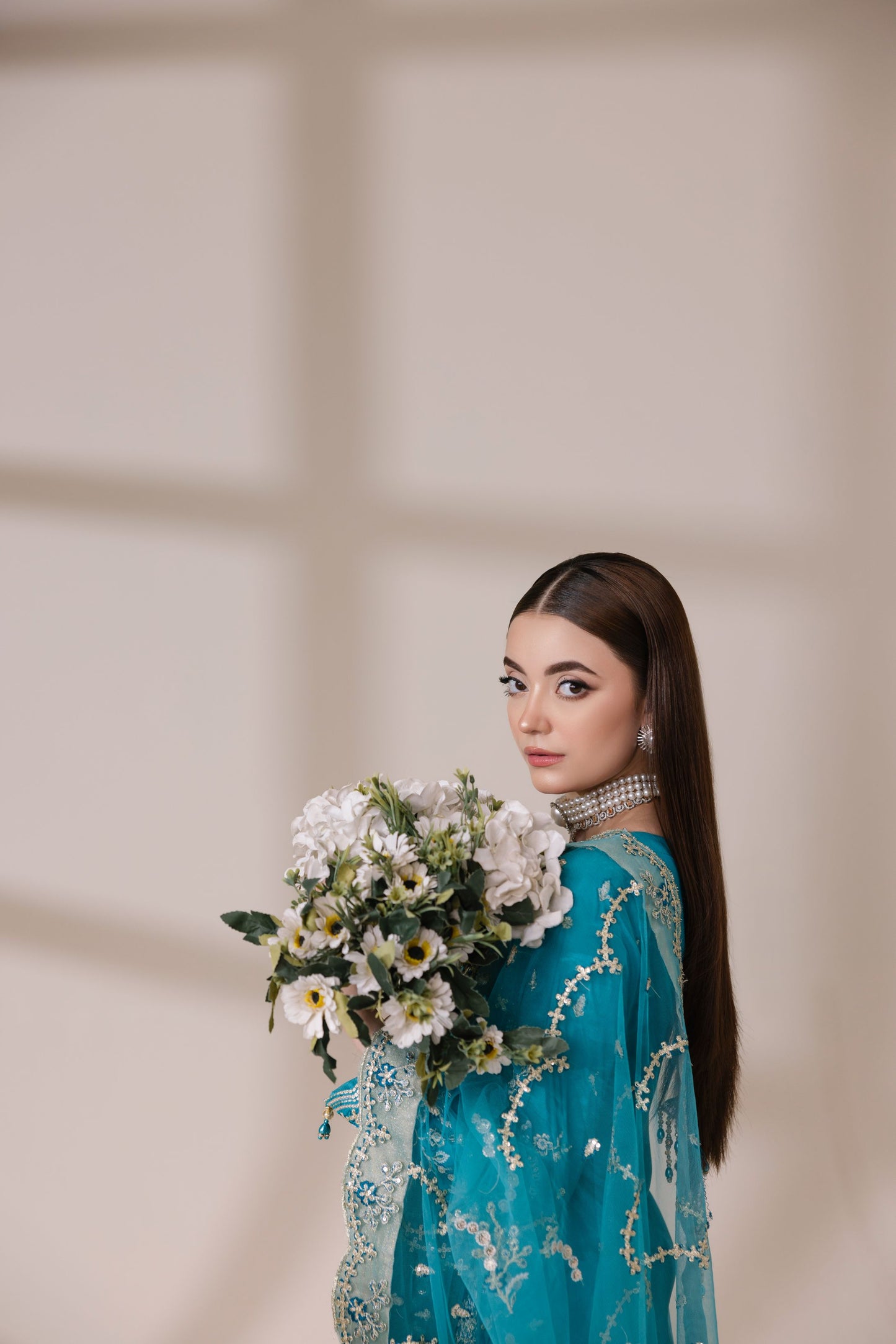 Teal Masoori Embroidered Shirt with Silk Trousers & Net Dupatta | Rasm by Mona – MKR4