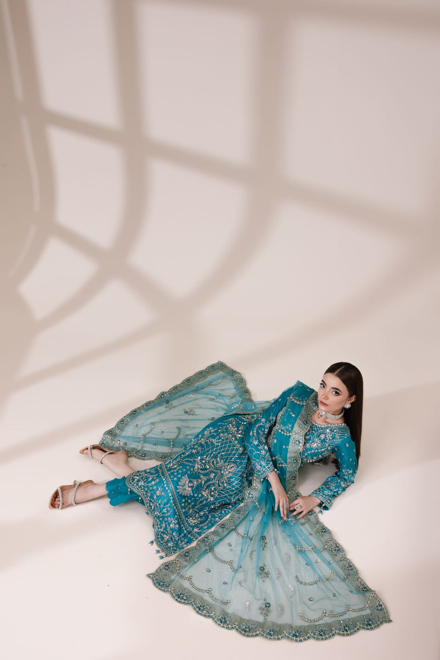 Teal Masoori Embroidered Shirt with Silk Trousers & Net Dupatta | Rasm by Mona – MKR4
