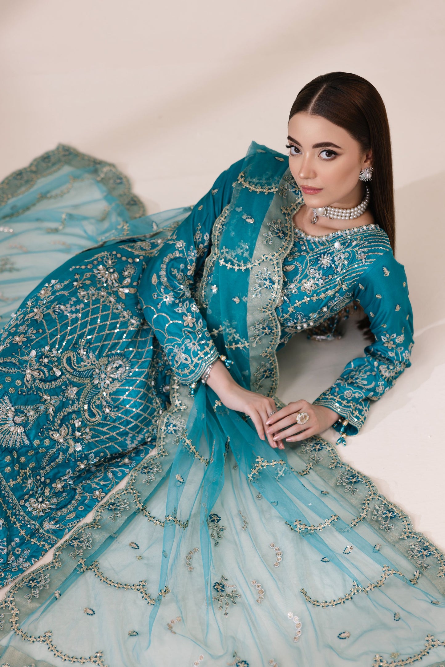 Teal Masoori Embroidered Shirt with Silk Trousers & Net Dupatta | Rasm by Mona – MKR4