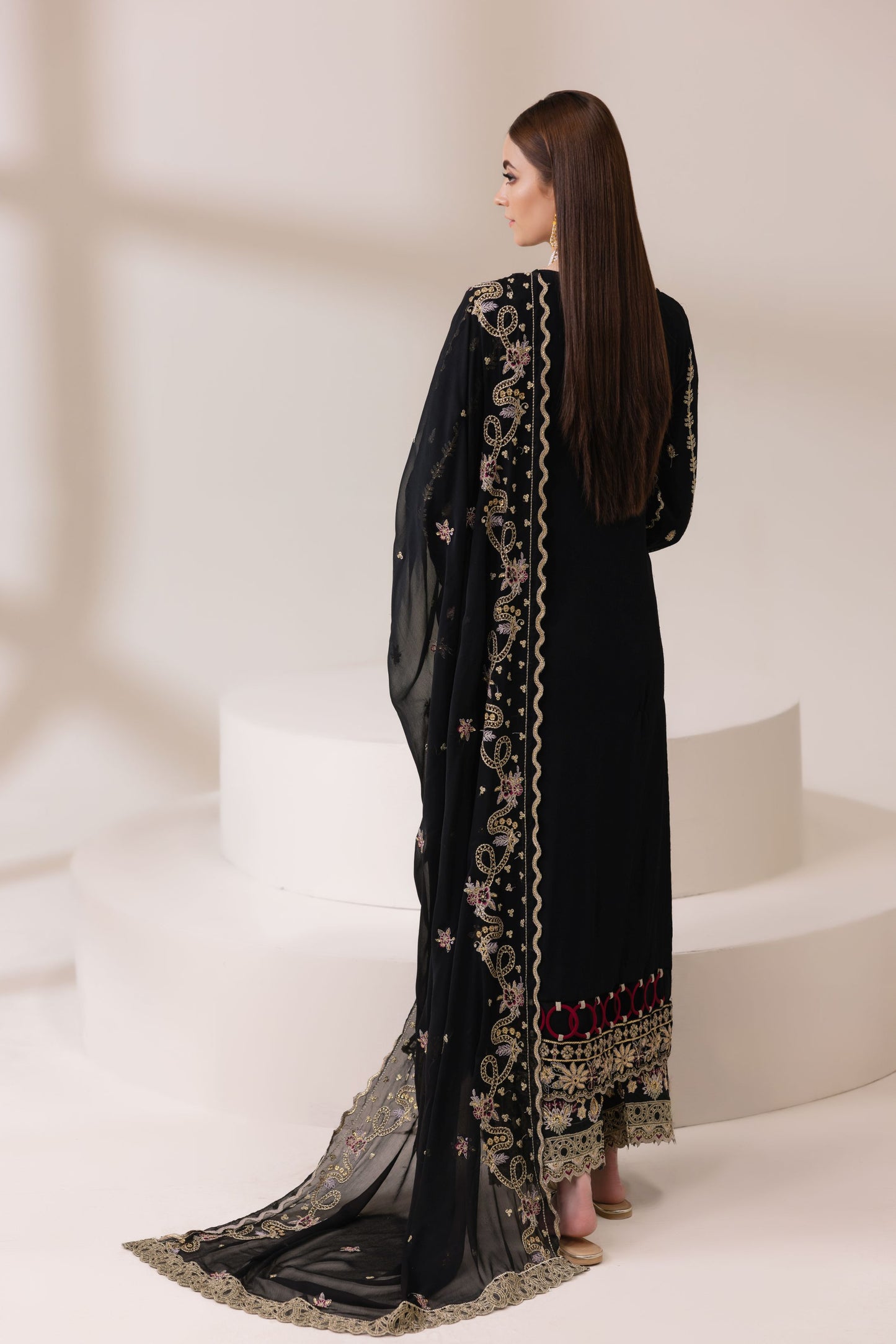 Black Chiffon Embroidered Shirt with Viscose Trousers & Dupatta | Rasm by Mona – MKR7