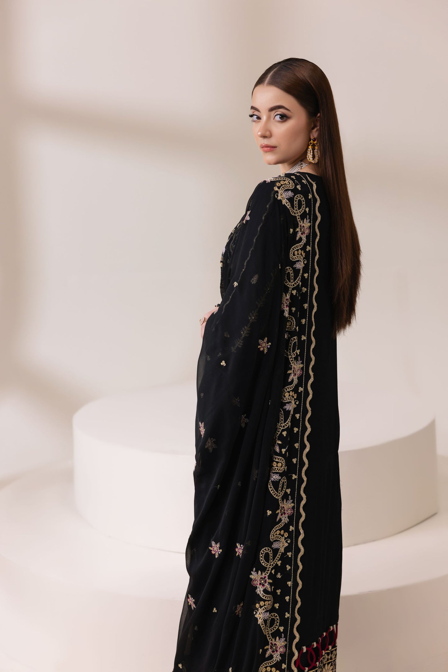 Black Chiffon Embroidered Shirt with Viscose Trousers & Dupatta | Rasm by Mona – MKR7