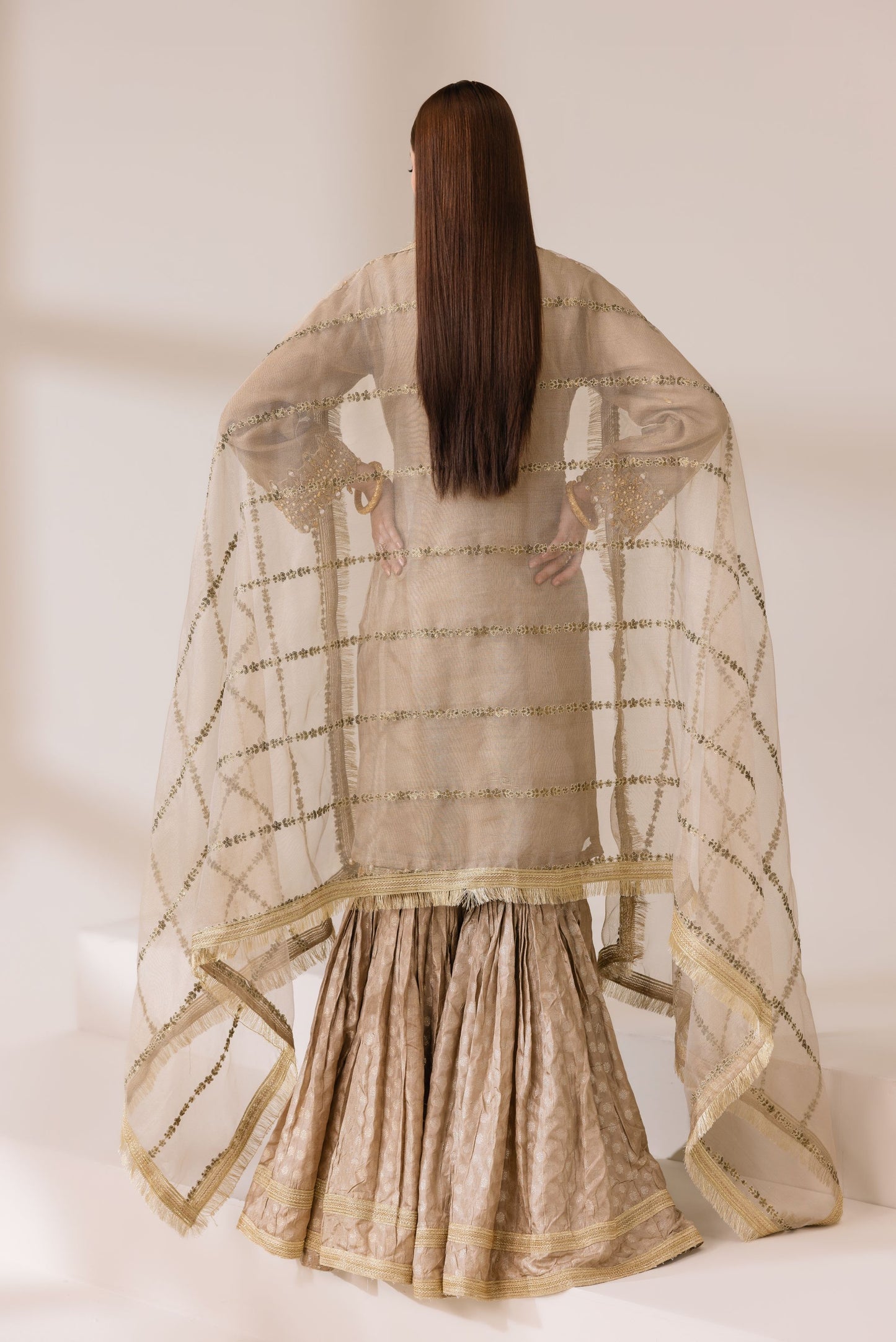 Champagne Masoori Net Embellished Shirt with Jamawar Ghararah & Dupatta | Rasm by Mona – MKR3