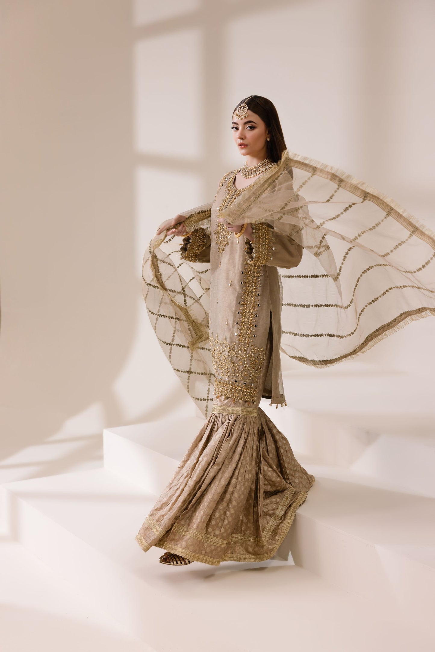 Champagne Masoori Net Embellished Shirt with Jamawar Ghararah & Dupatta | Rasm by Mona – MKR3