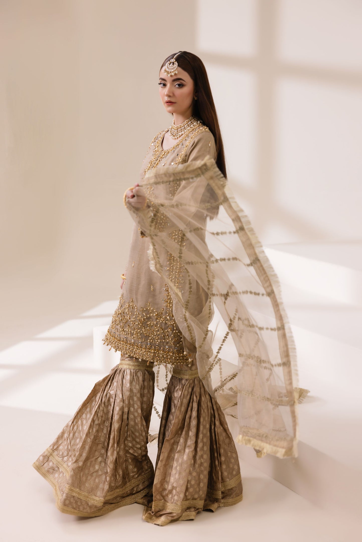Champagne Masoori Net Embellished Shirt with Jamawar Ghararah & Dupatta | Rasm by Mona – MKR3