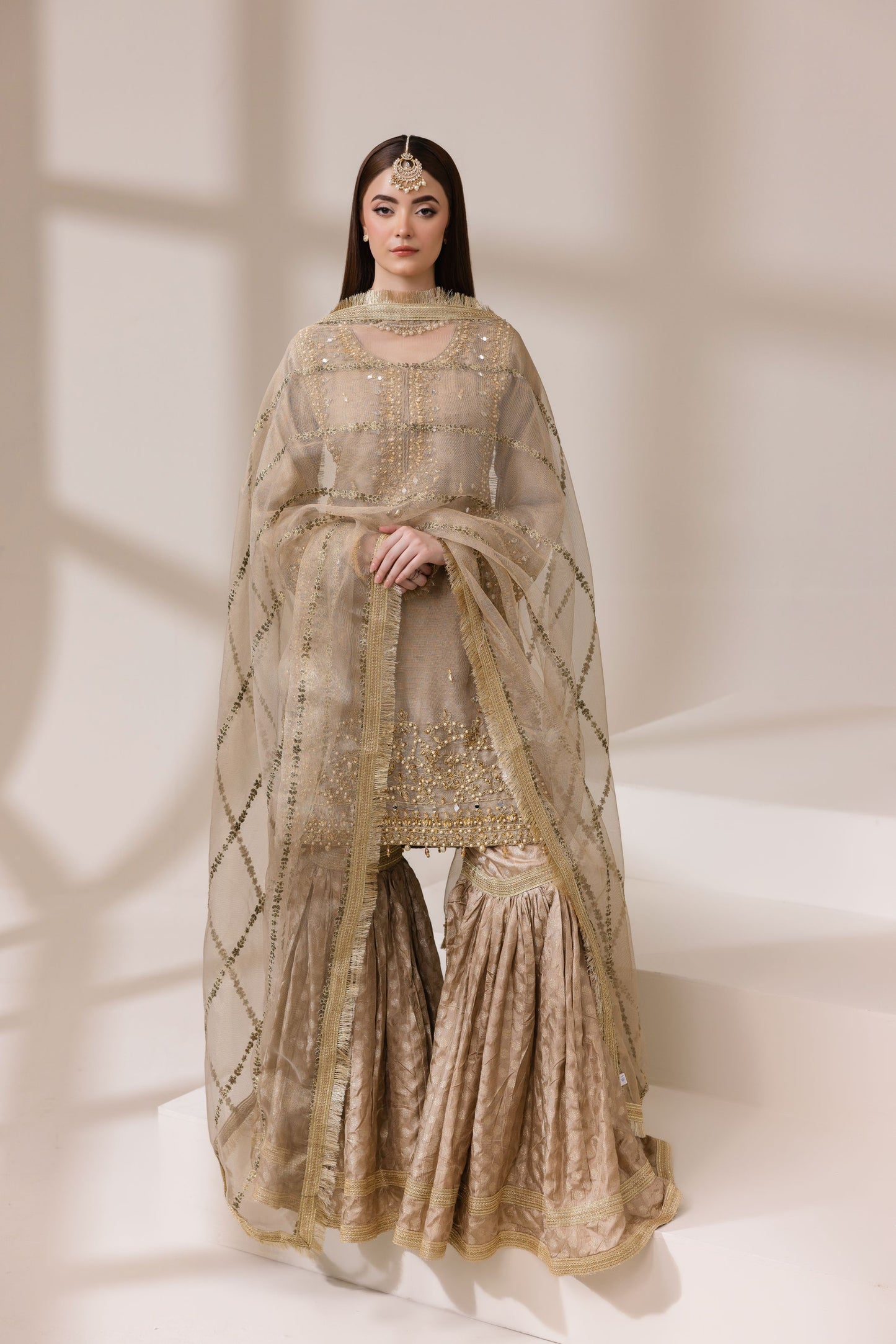 Champagne Masoori Net Embellished Shirt with Jamawar Ghararah & Dupatta | Rasm by Mona – MKR3