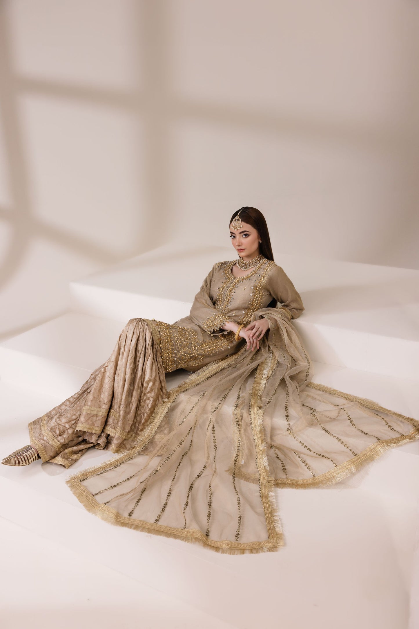 Champagne Masoori Net Embellished Shirt with Jamawar Ghararah & Dupatta | Rasm by Mona – MKR3