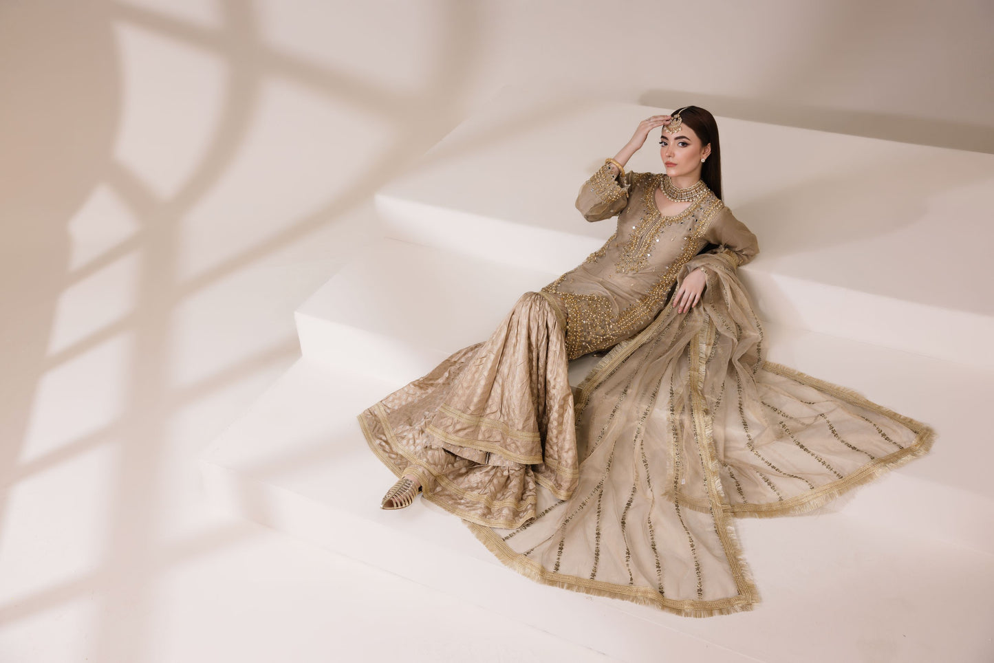 Champagne Masoori Net Embellished Shirt with Jamawar Ghararah & Dupatta | Rasm by Mona – MKR3