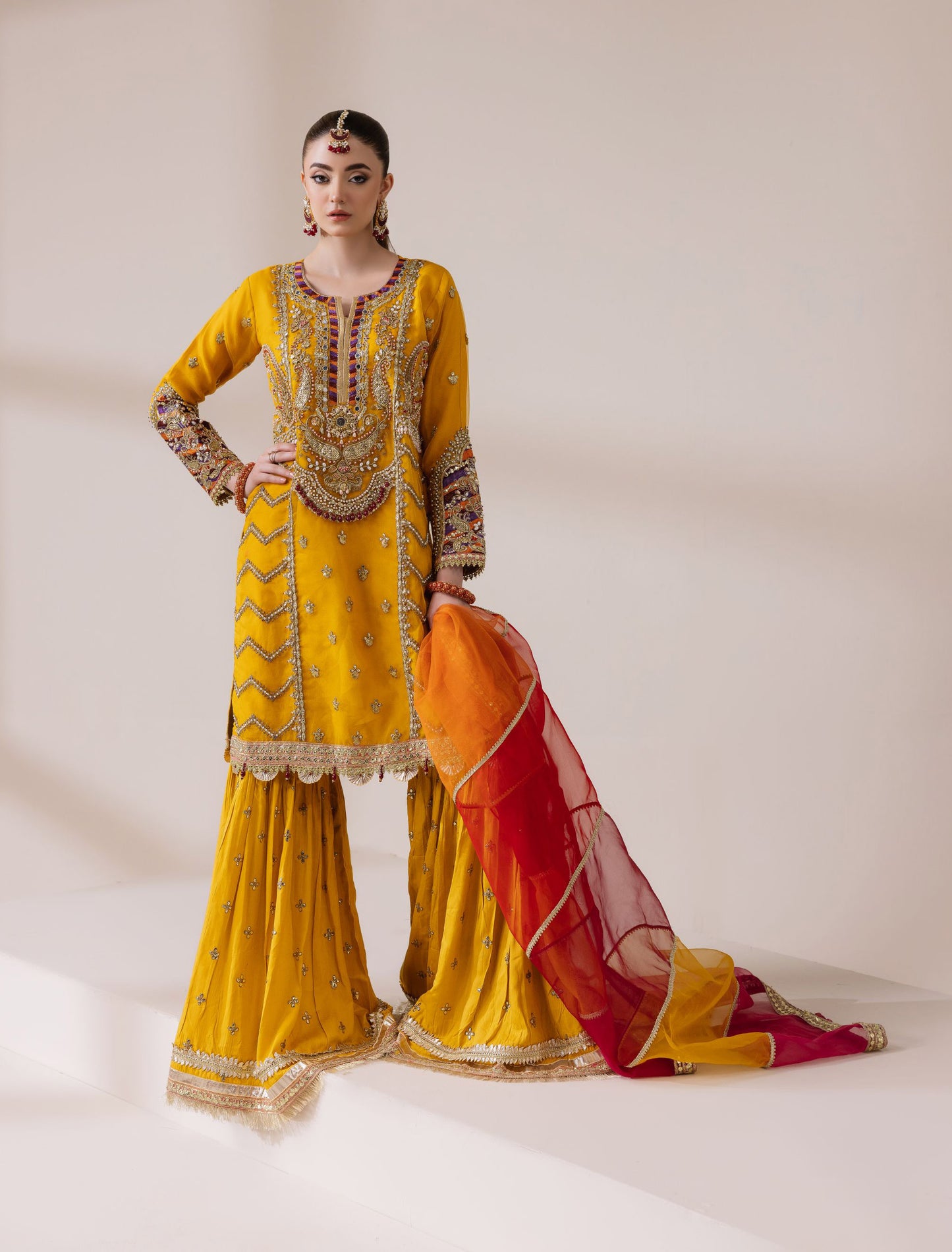 Mustard Yellow Embellished Organza Shirt with Ghararah & Dupatta | Rasm by Mona – MKR1
