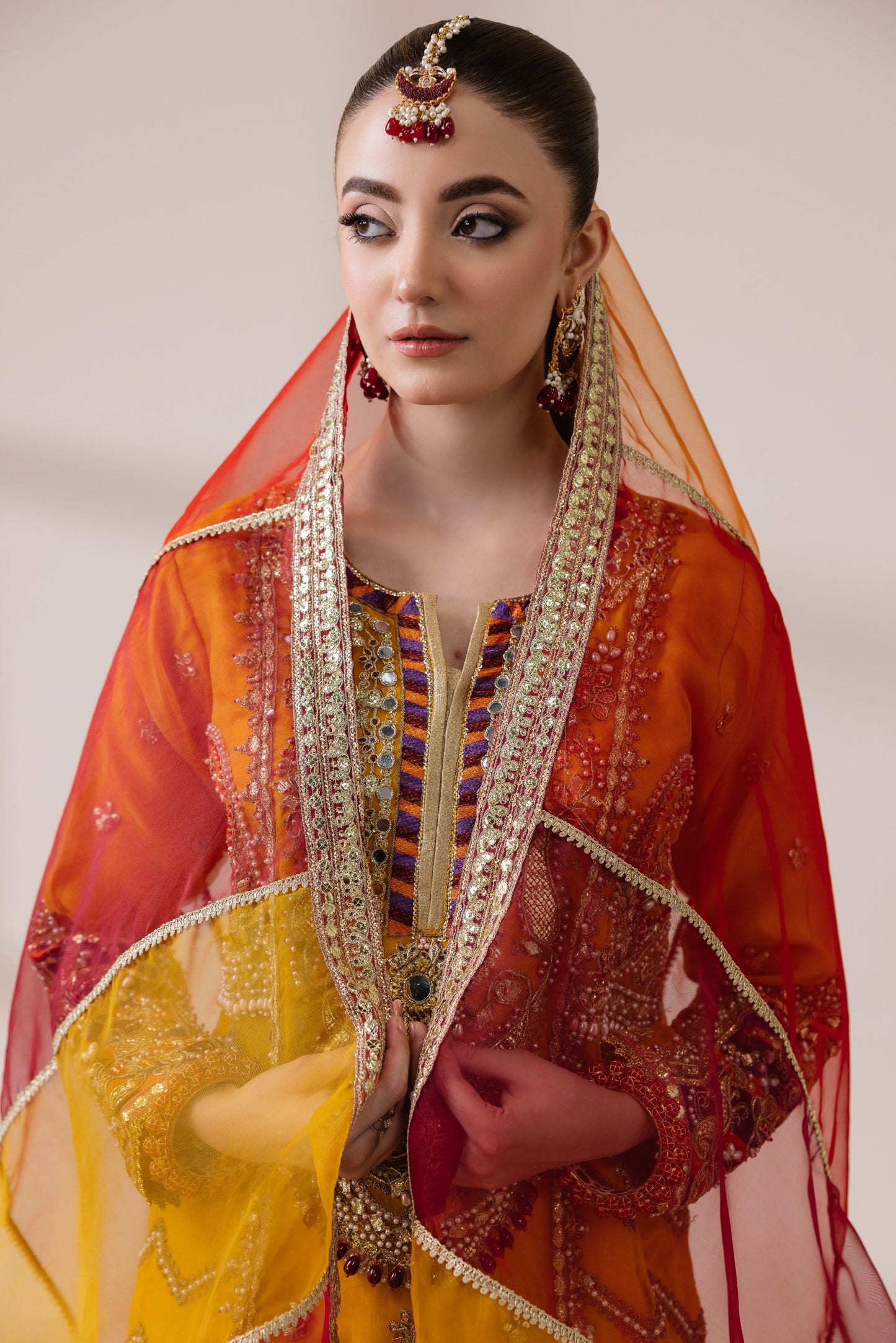 Mustard Yellow Embellished Organza Shirt with Ghararah & Dupatta | Rasm by Mona – MKR1