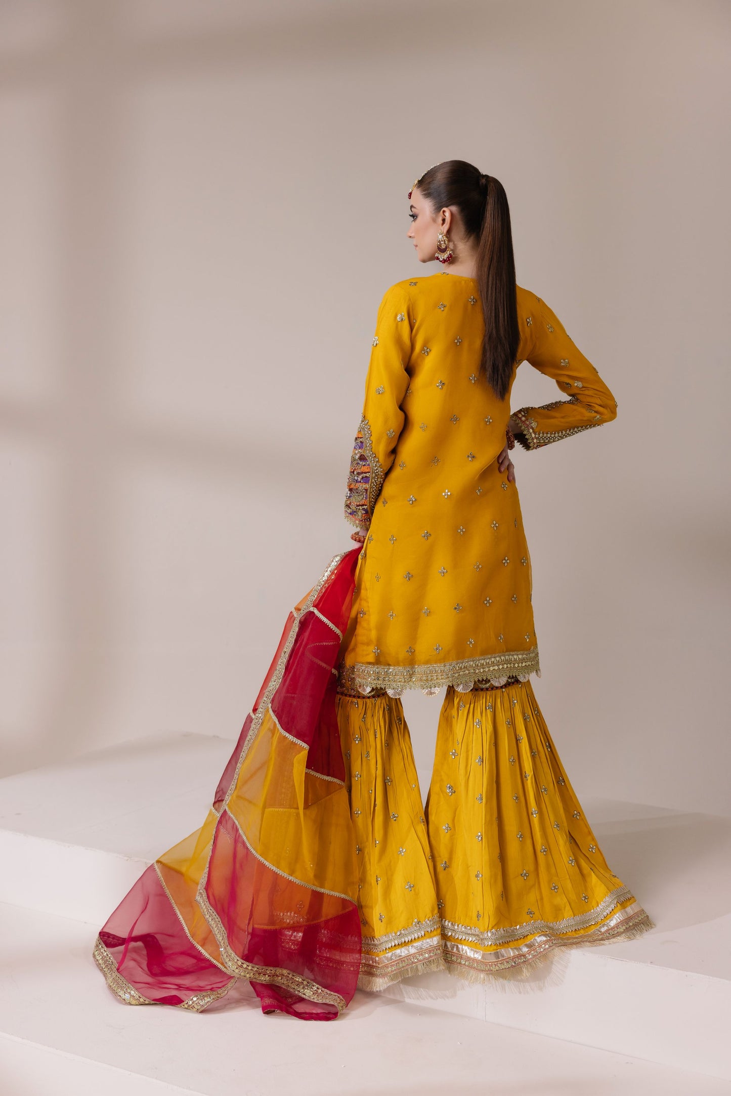Mustard Yellow Embellished Organza Shirt with Ghararah & Dupatta | Rasm by Mona – MKR1