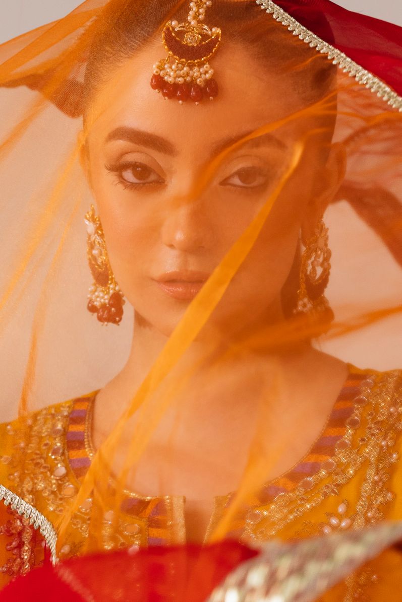 Mustard Yellow Embellished Organza Shirt with Ghararah & Dupatta | Rasm by Mona – MKR1