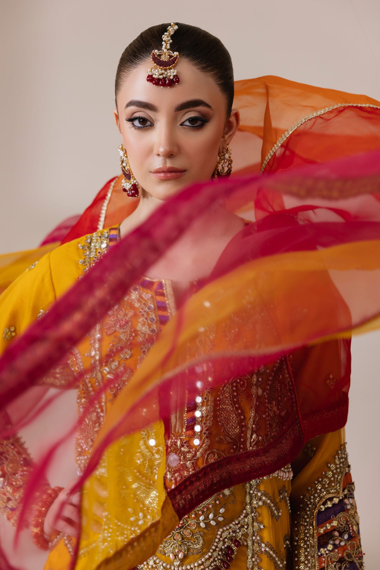 Mustard Yellow Embellished Organza Shirt with Ghararah & Dupatta | Rasm by Mona – MKR1
