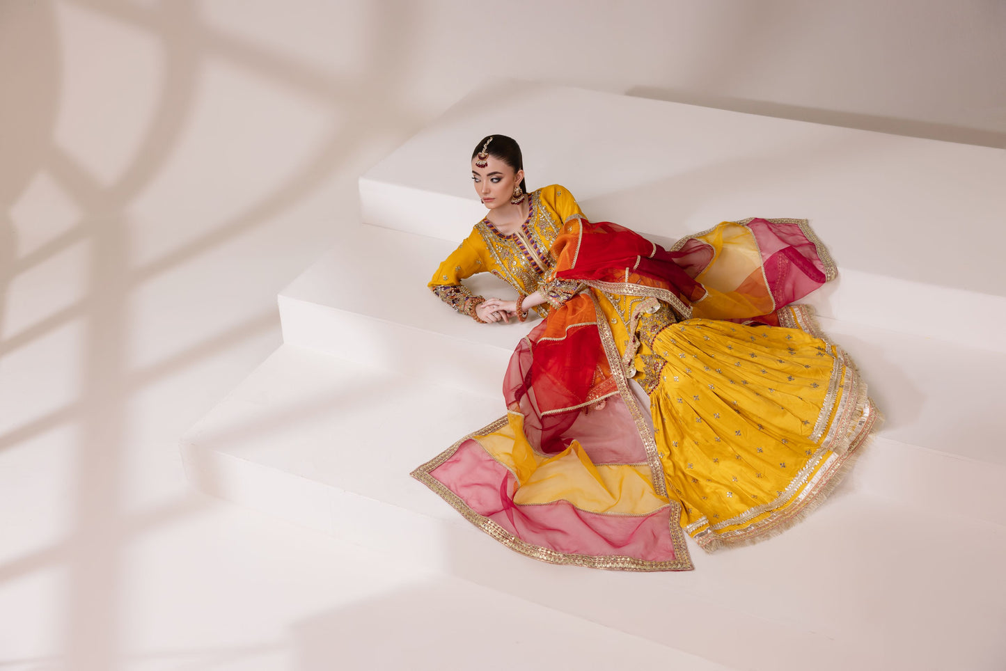 Mustard Yellow Embellished Organza Shirt with Ghararah & Dupatta | Rasm by Mona – MKR1