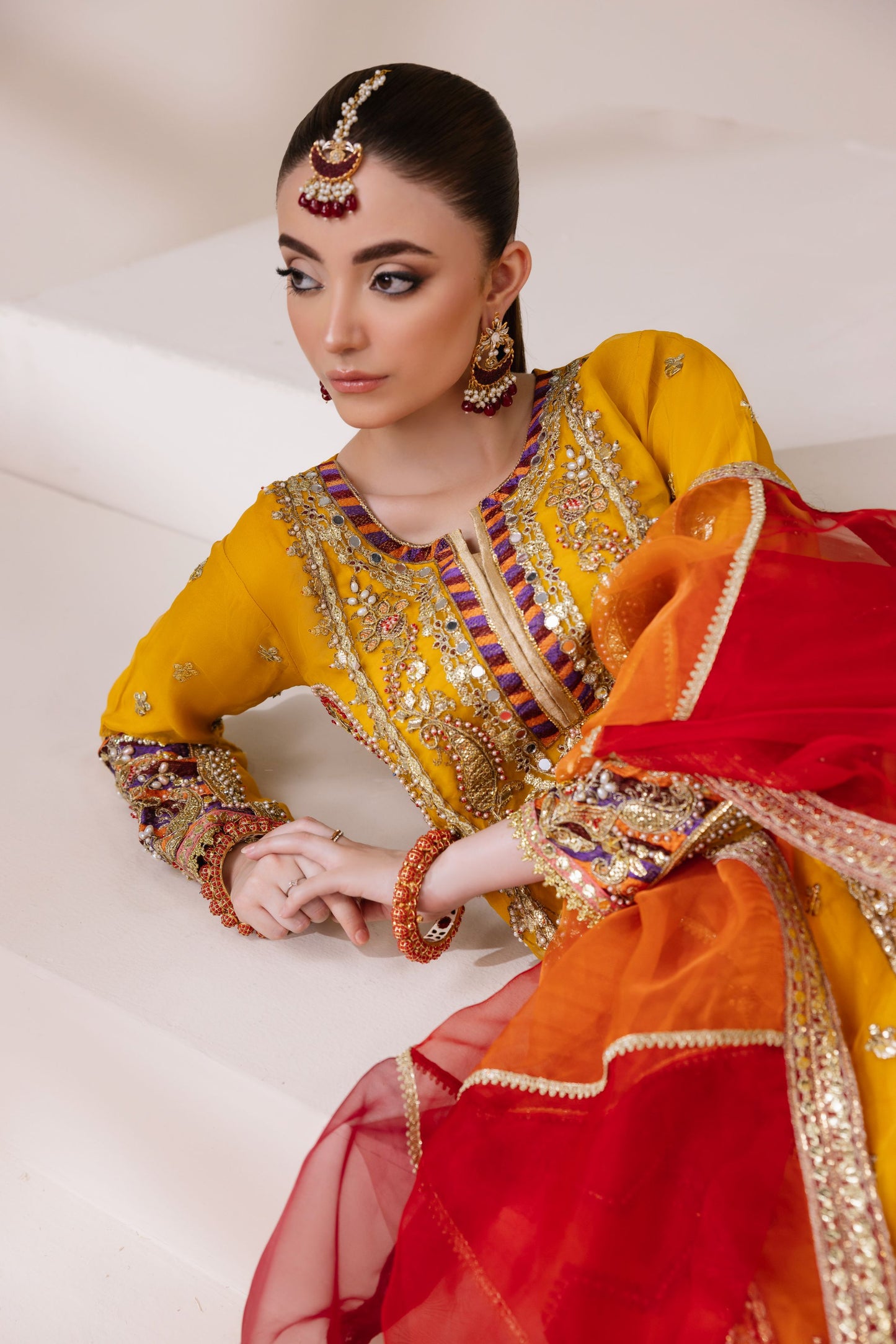 Mustard Yellow Embellished Organza Shirt with Ghararah & Dupatta | Rasm by Mona – MKR1