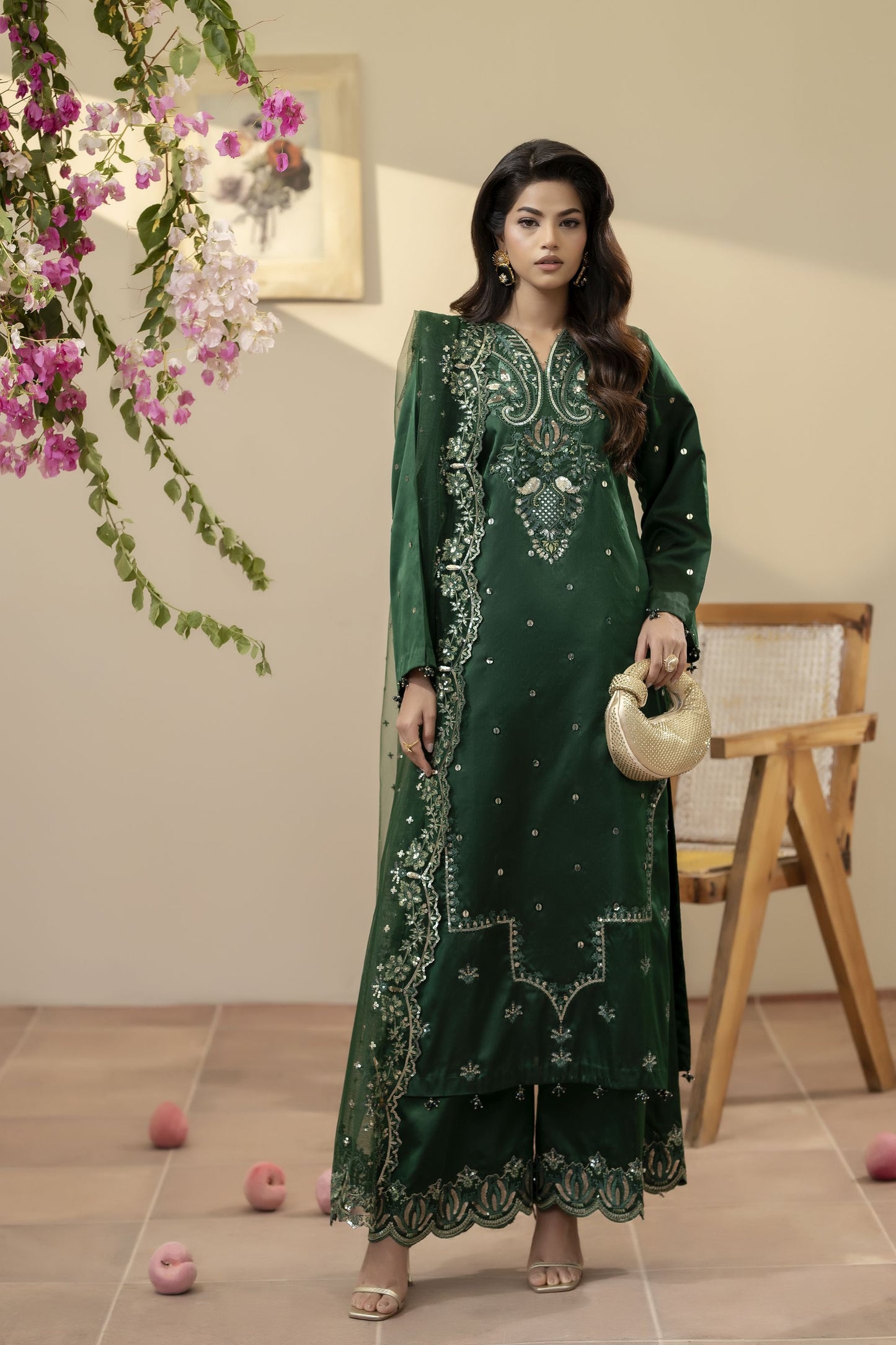 Emerald Green Embroidered Silk Dress – Mehek by Mona MBM1