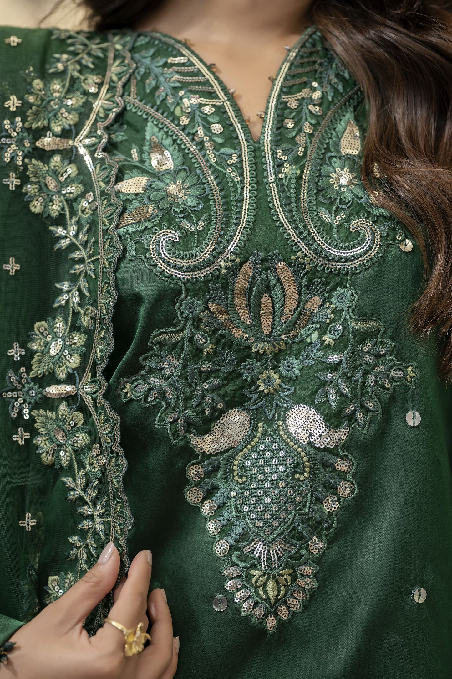 Emerald Green Embroidered Silk Dress – Mehek by Mona MBM1