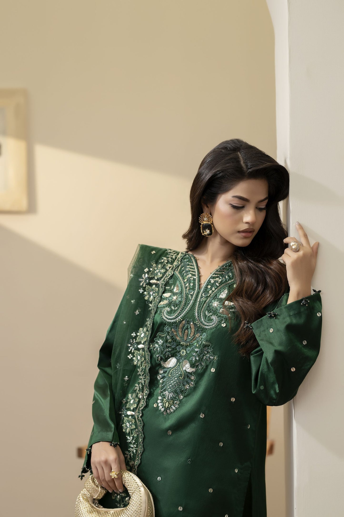 Emerald Green Embroidered Silk Dress – Mehek by Mona MBM1