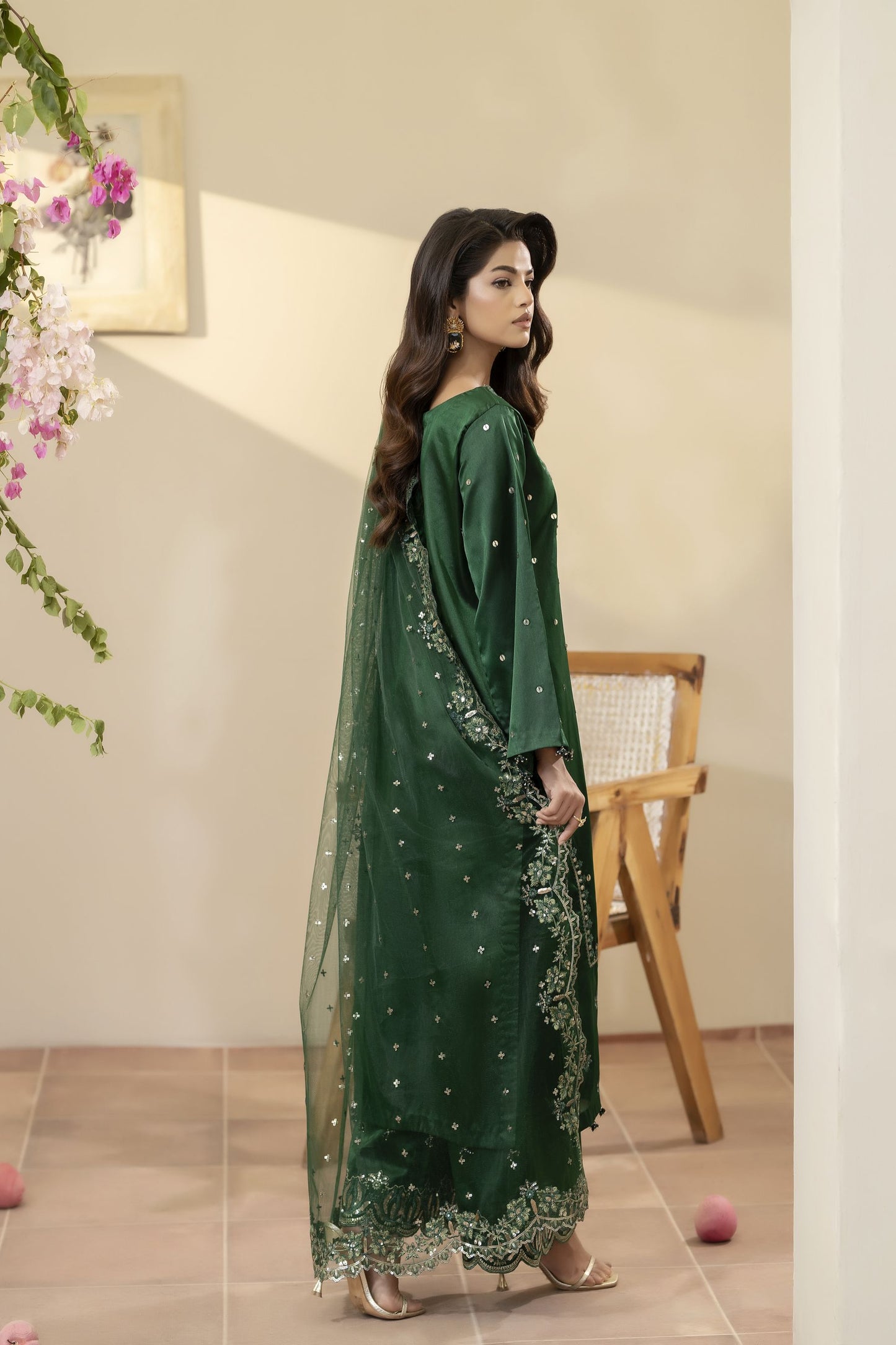 Emerald Green Embroidered Silk Dress – Mehek by Mona MBM1