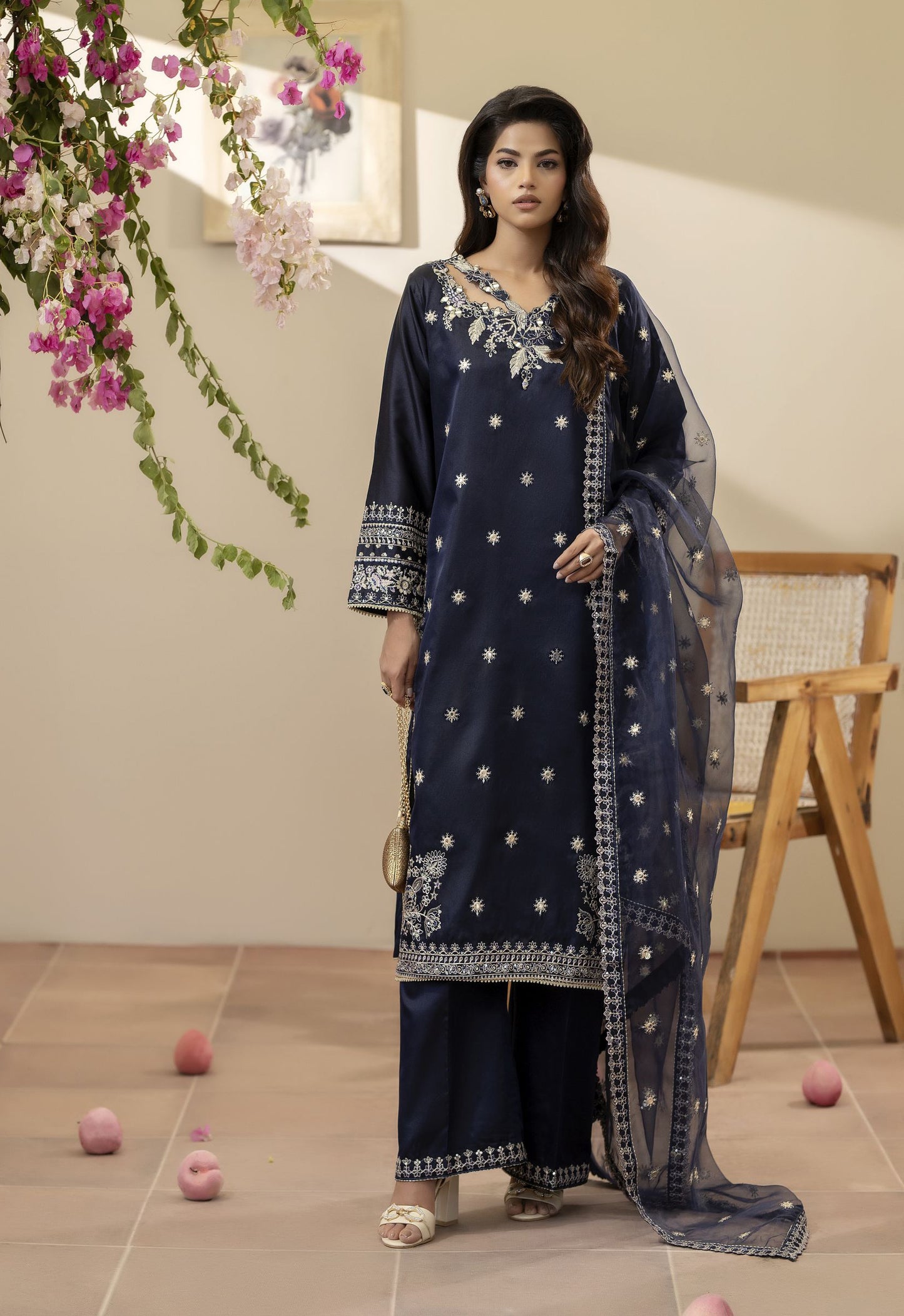 Navy Blue Embroidered Silk & Mirror Work Dress – Mehek by Mona MBM2