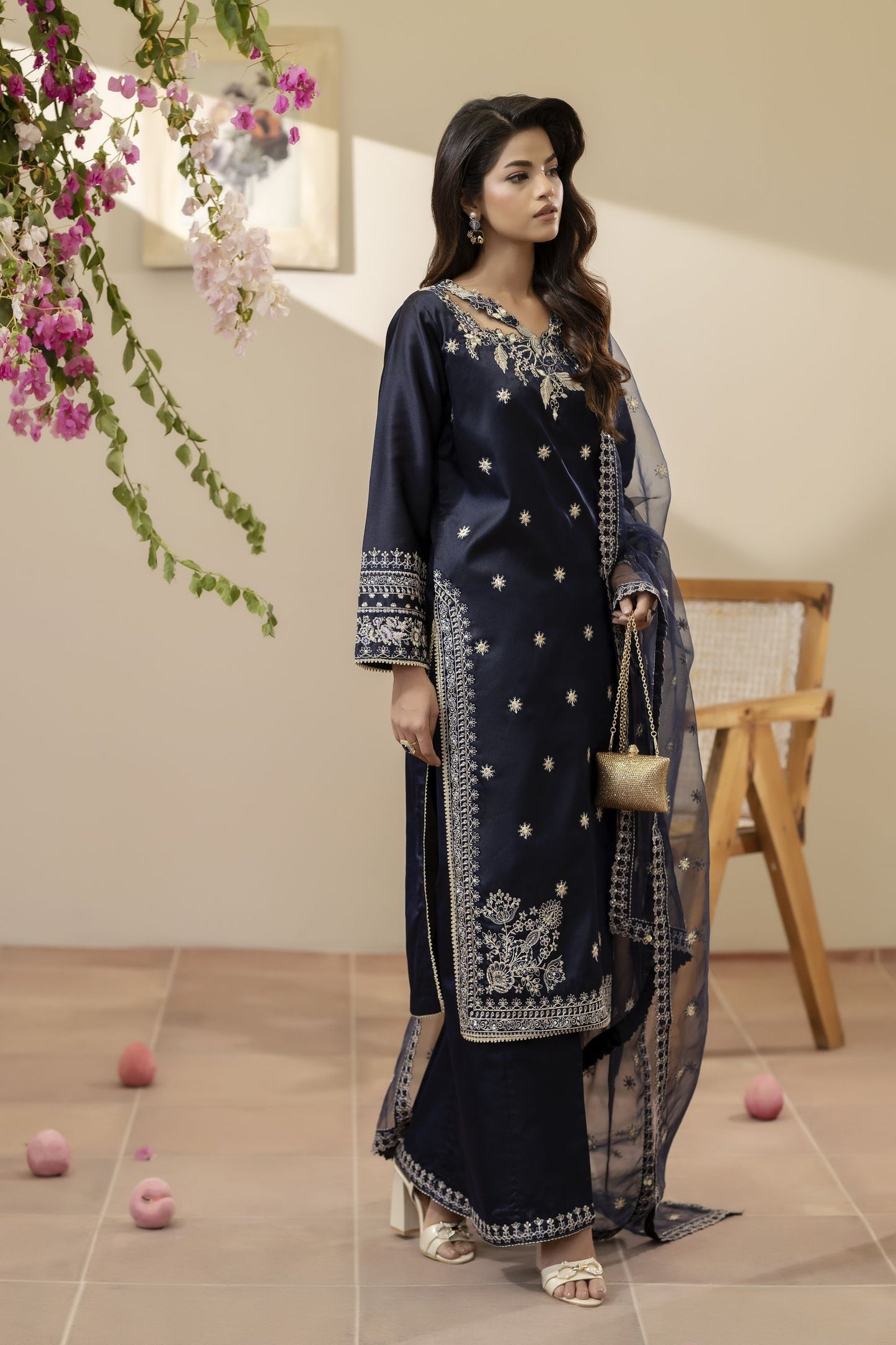 Navy Blue Embroidered Silk & Mirror Work Dress – Mehek by Mona MBM2