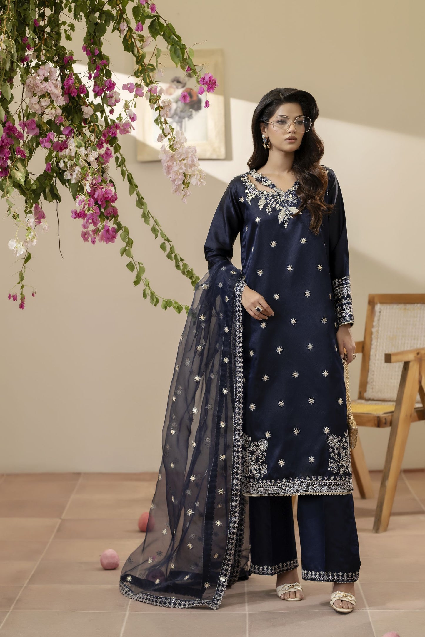 Navy Blue Embroidered Silk & Mirror Work Dress – Mehek by Mona MBM2