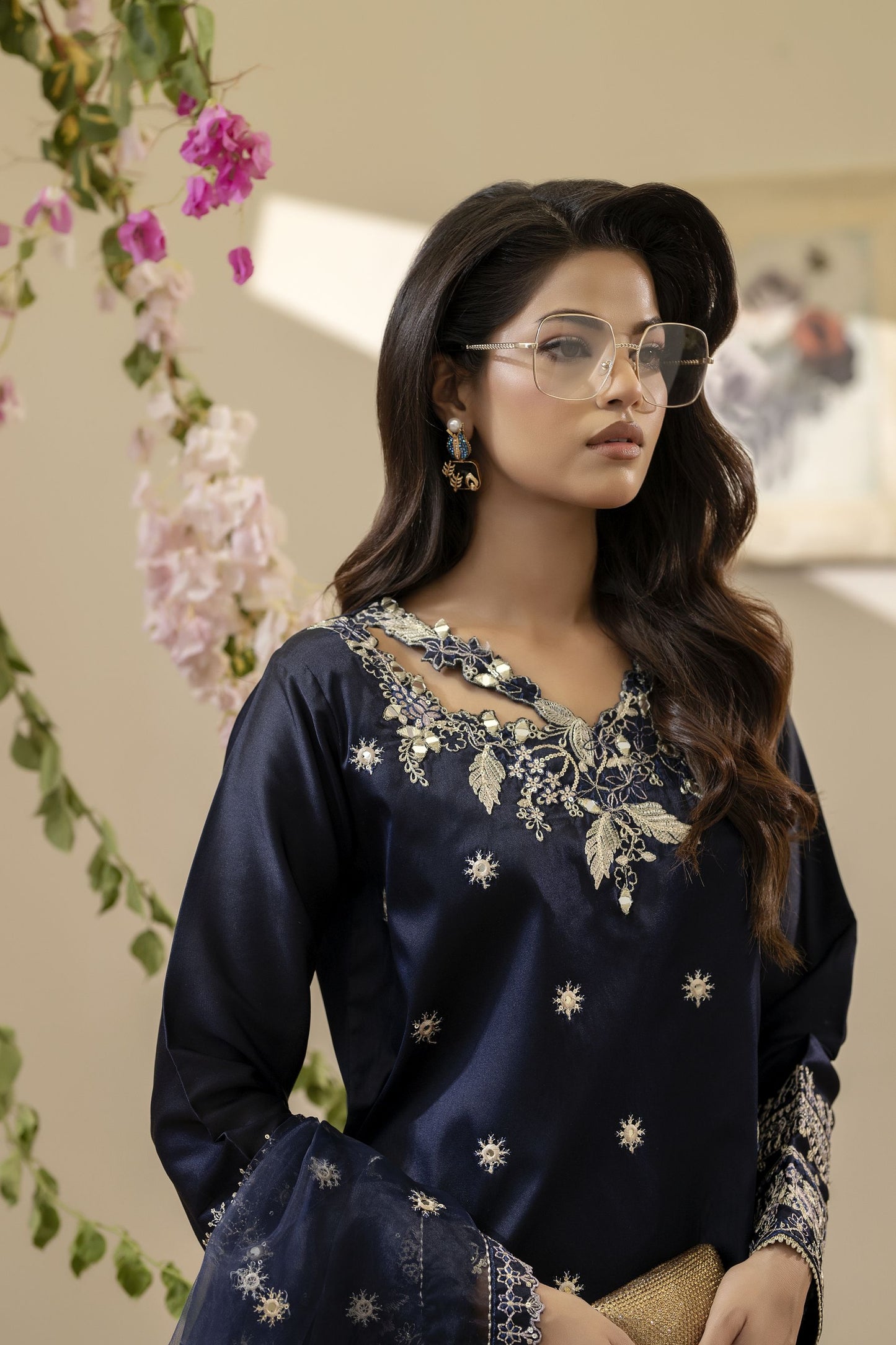 Navy Blue Embroidered Silk & Mirror Work Dress – Mehek by Mona MBM2