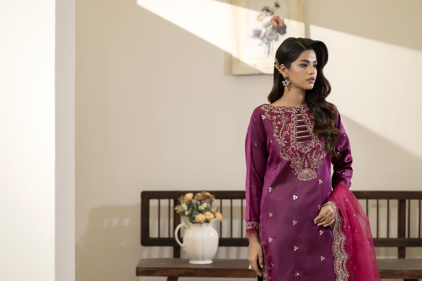 Magenta Embroidered Silk Dress with Sequins – Mehek by Mona MBM3