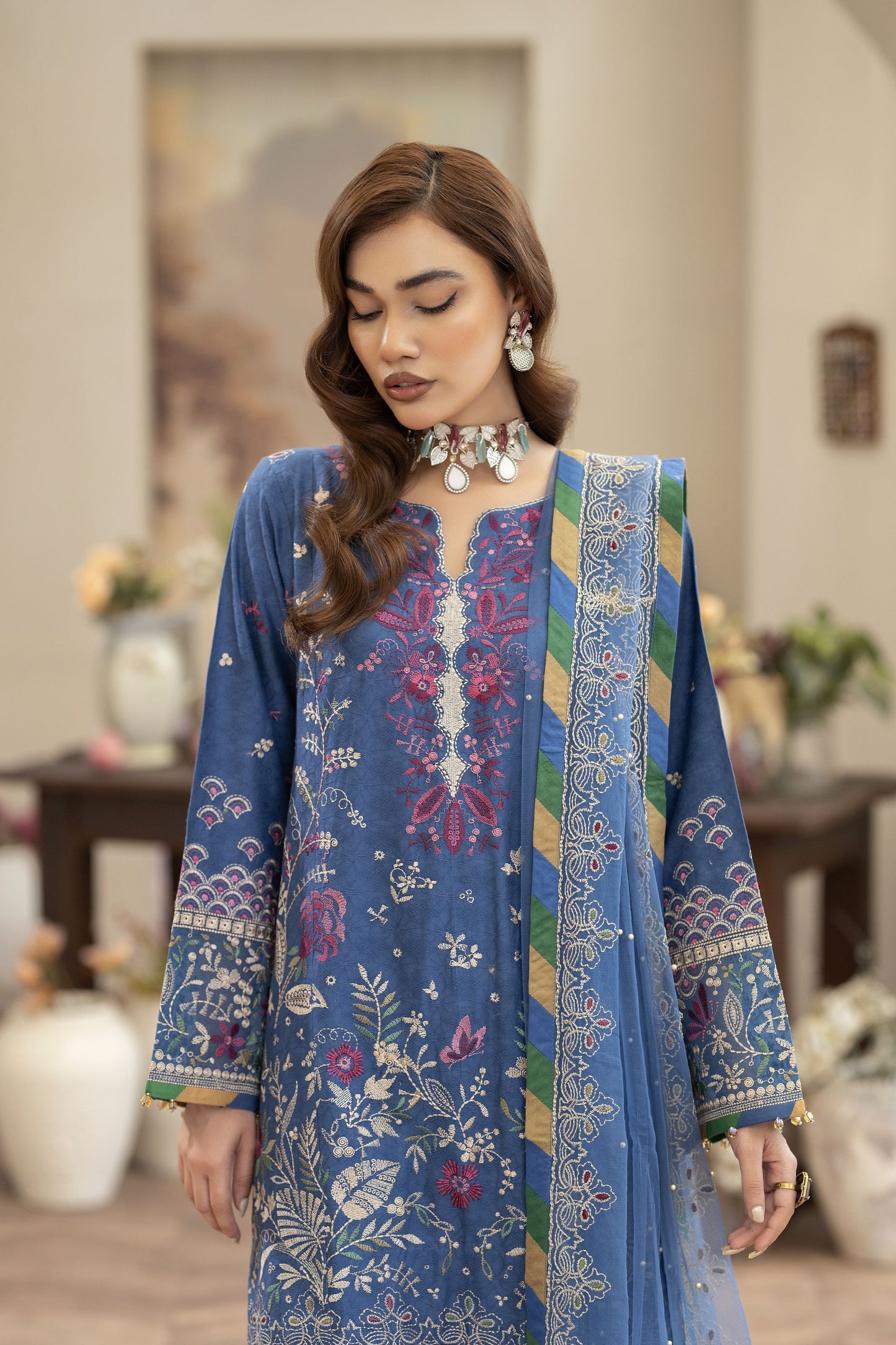 Embroidered Cotton Jacquard Suit Tasseled Shirt Reet by Mona RBY3