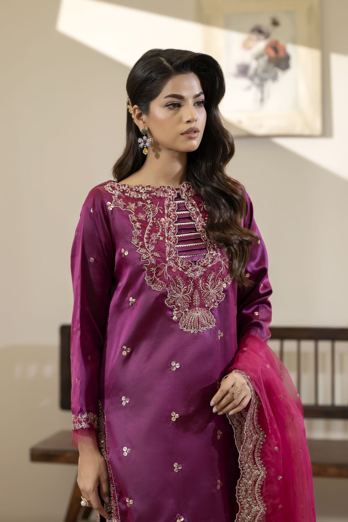 Magenta Embroidered Silk Dress with Sequins – Mehek by Mona MBM3