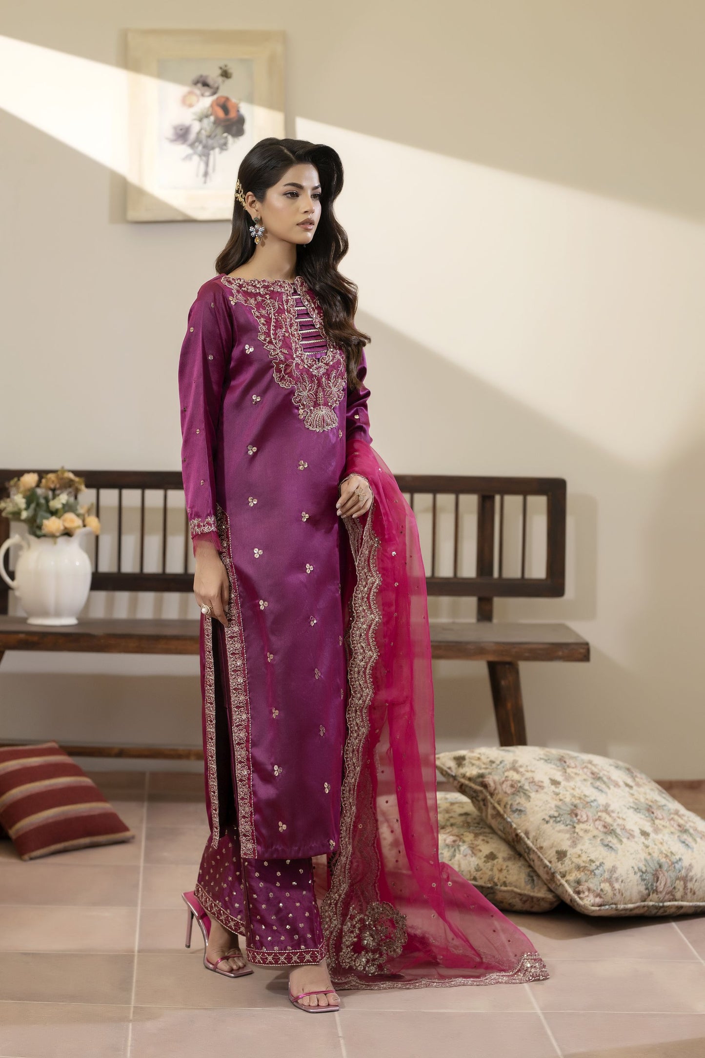 Magenta Embroidered Silk Dress with Sequins – Mehek by Mona MBM3