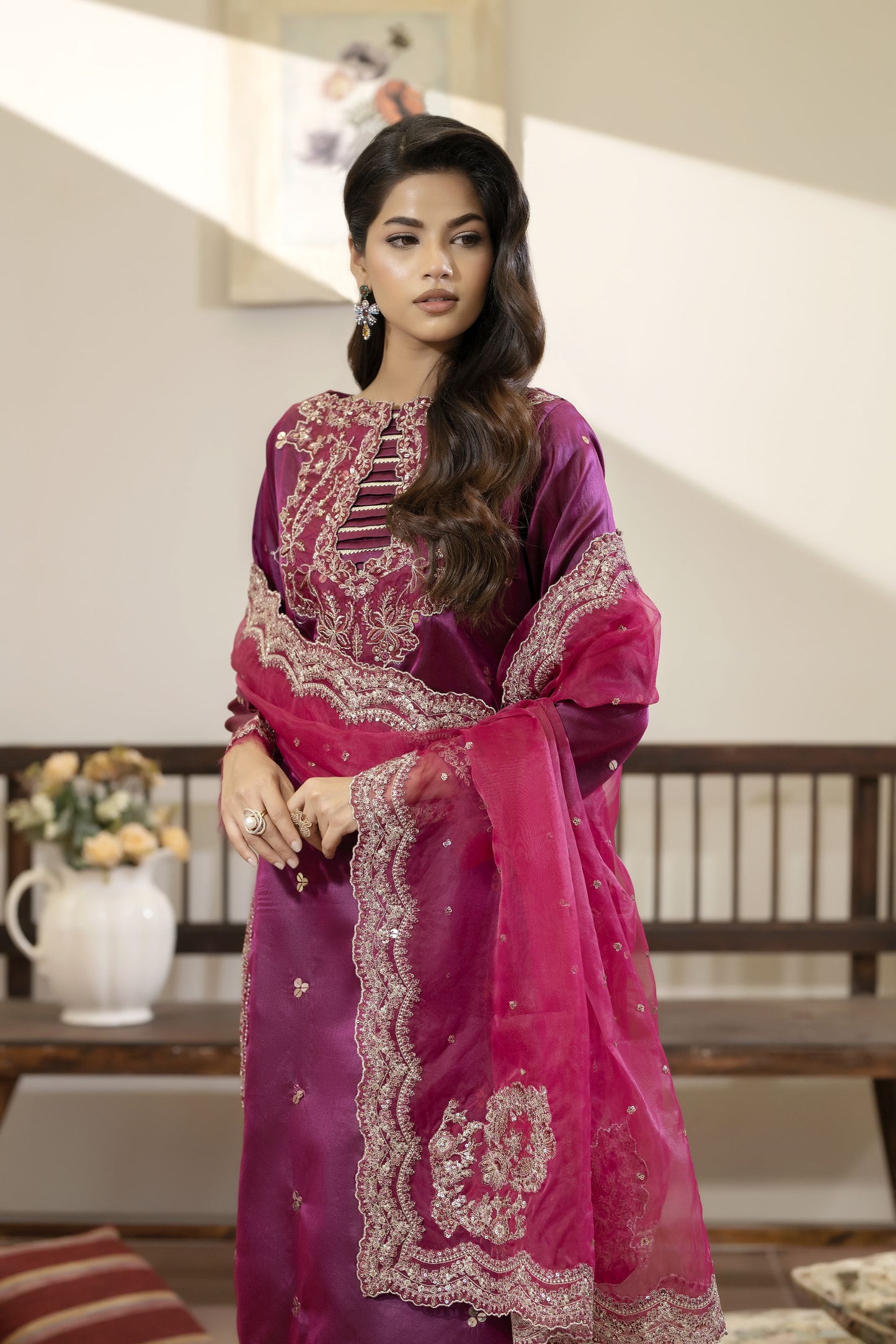Magenta Embroidered Silk Dress with Sequins – Mehek by Mona MBM3