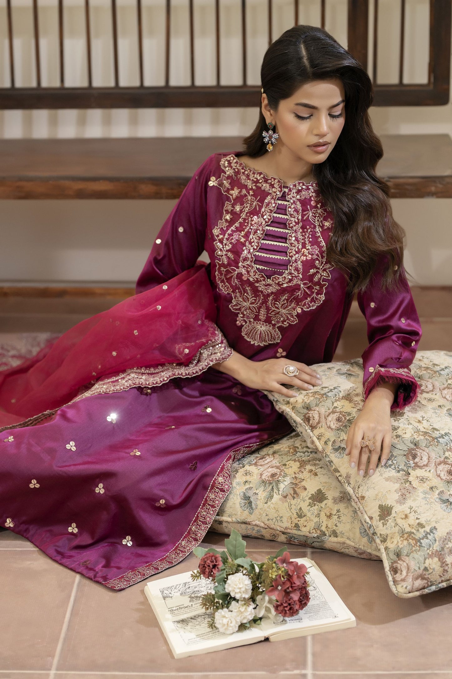 Magenta Embroidered Silk Dress with Sequins – Mehek by Mona MBM3