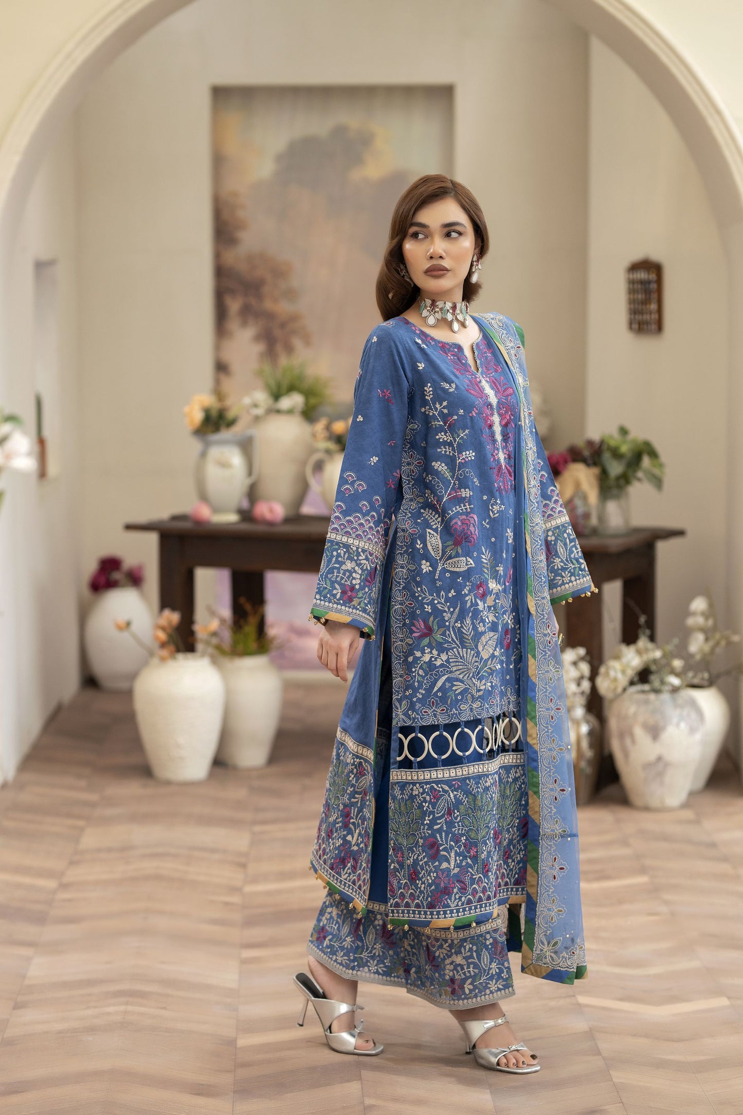 Embroidered Cotton Jacquard Suit Tasseled Shirt Reet by Mona RBY3