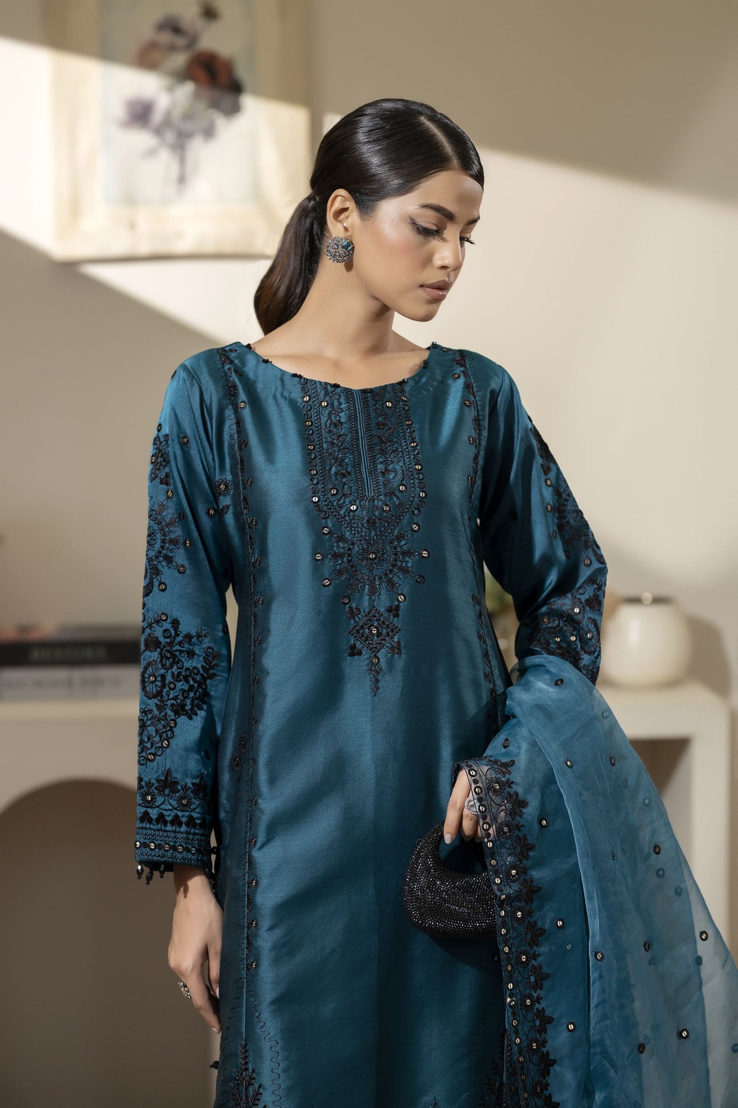 Teal Blue Embroidered Silk Farshi Salwar Suit Pakistani Outfit– Mehek by Mona MBM4