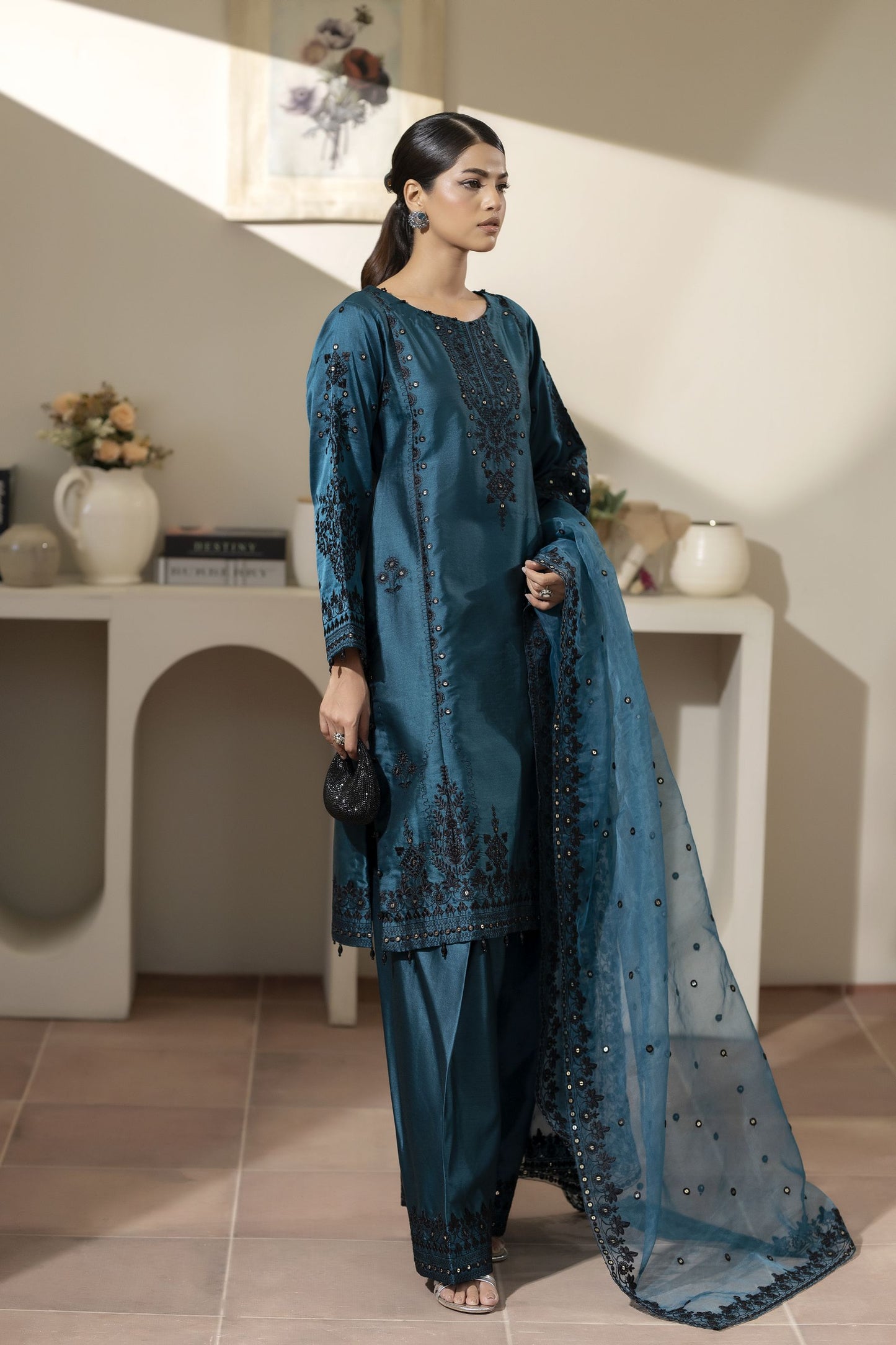 Teal Blue Embroidered Silk Farshi Salwar Suit Pakistani Outfit– Mehek by Mona MBM4