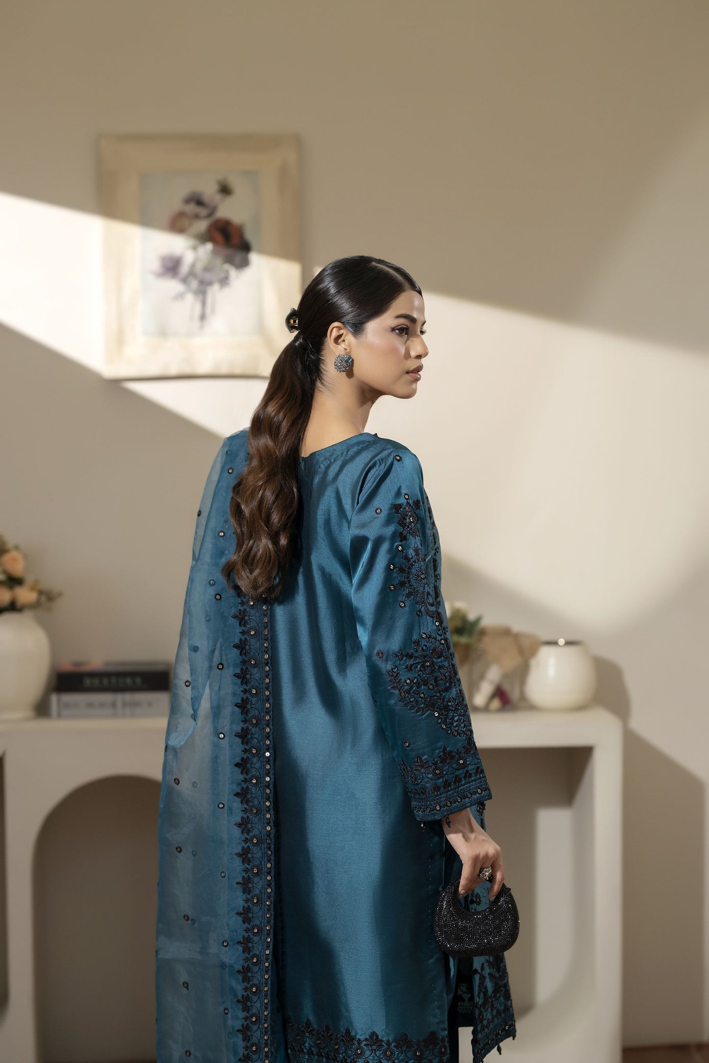 Teal Blue Embroidered Silk Farshi Salwar Suit Pakistani Outfit– Mehek by Mona MBM4