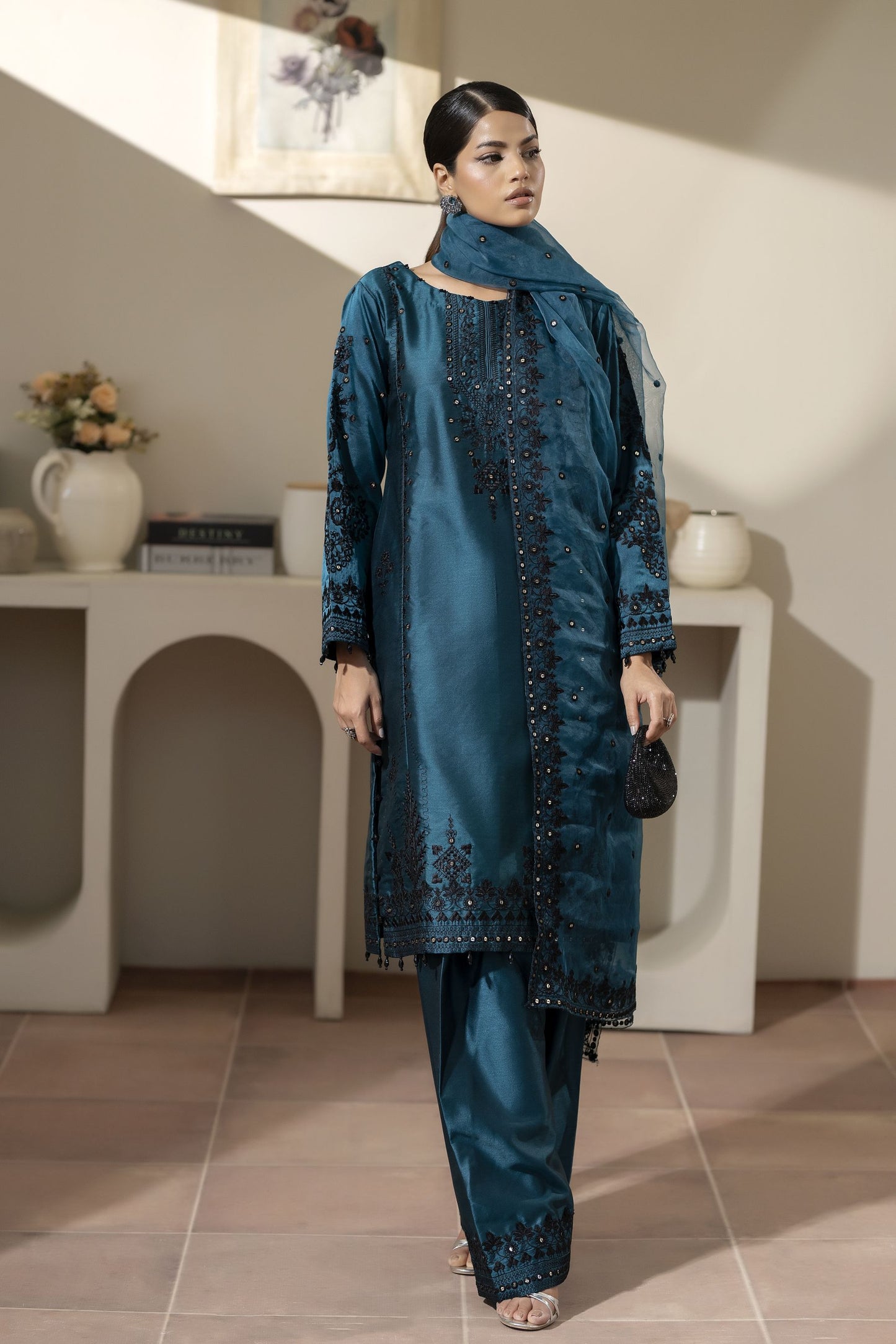 Teal Blue Embroidered Silk Farshi Salwar Suit Pakistani Outfit– Mehek by Mona MBM4