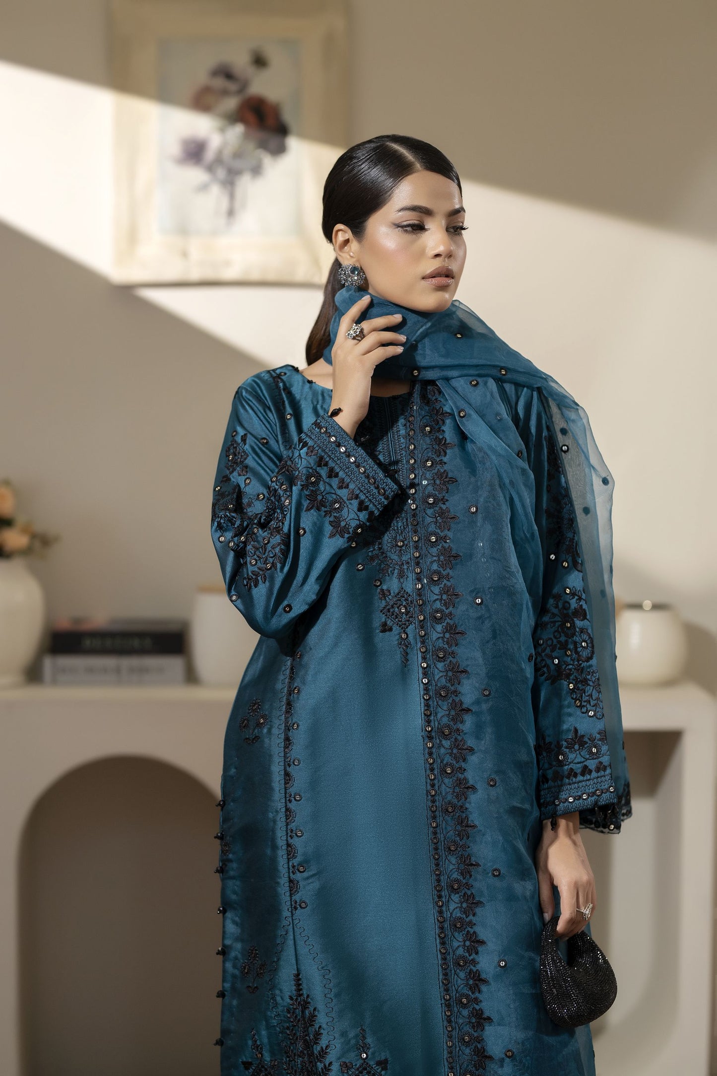 Teal Blue Embroidered Silk Farshi Salwar Suit Pakistani Outfit– Mehek by Mona MBM4