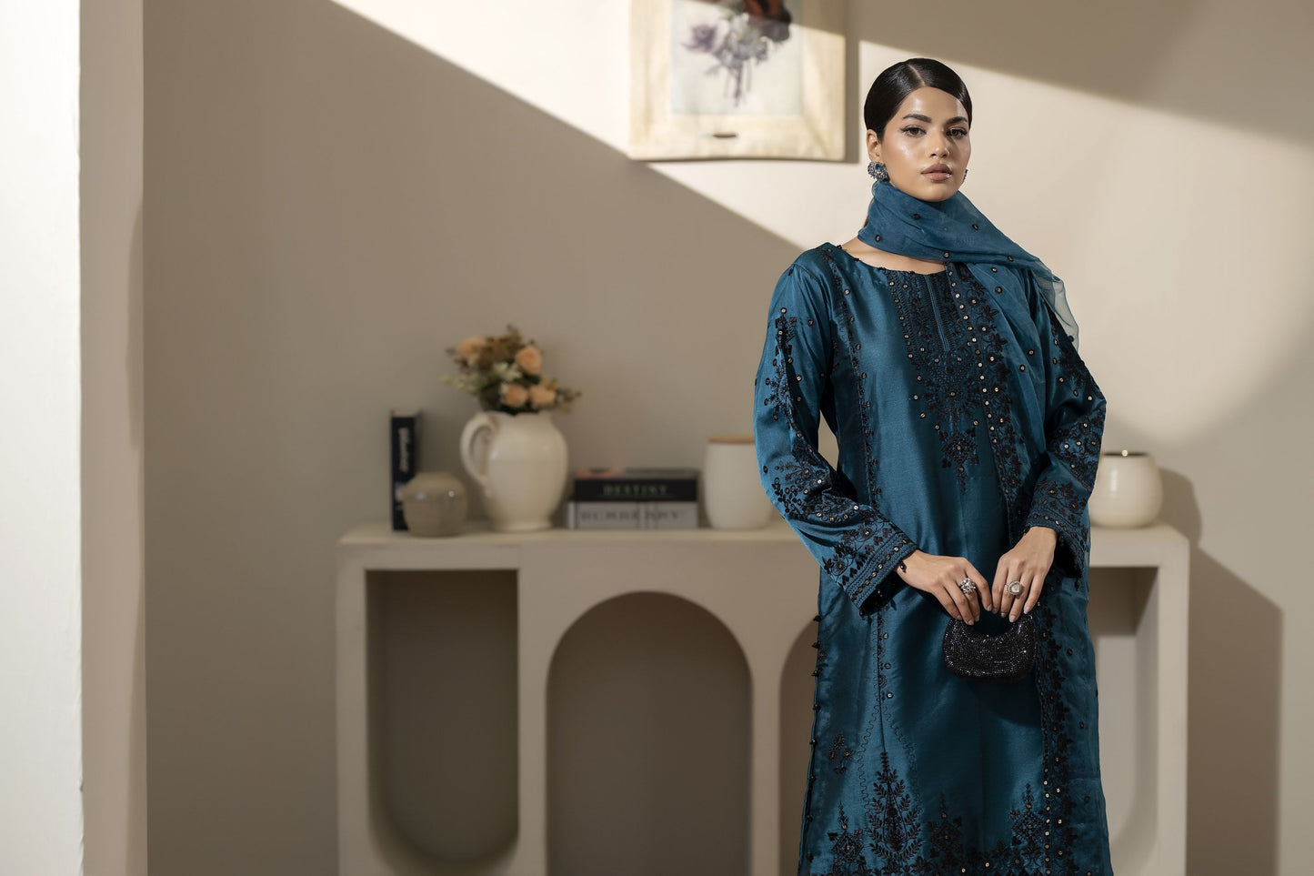Teal Blue Embroidered Silk Farshi Salwar Suit Pakistani Outfit– Mehek by Mona MBM4