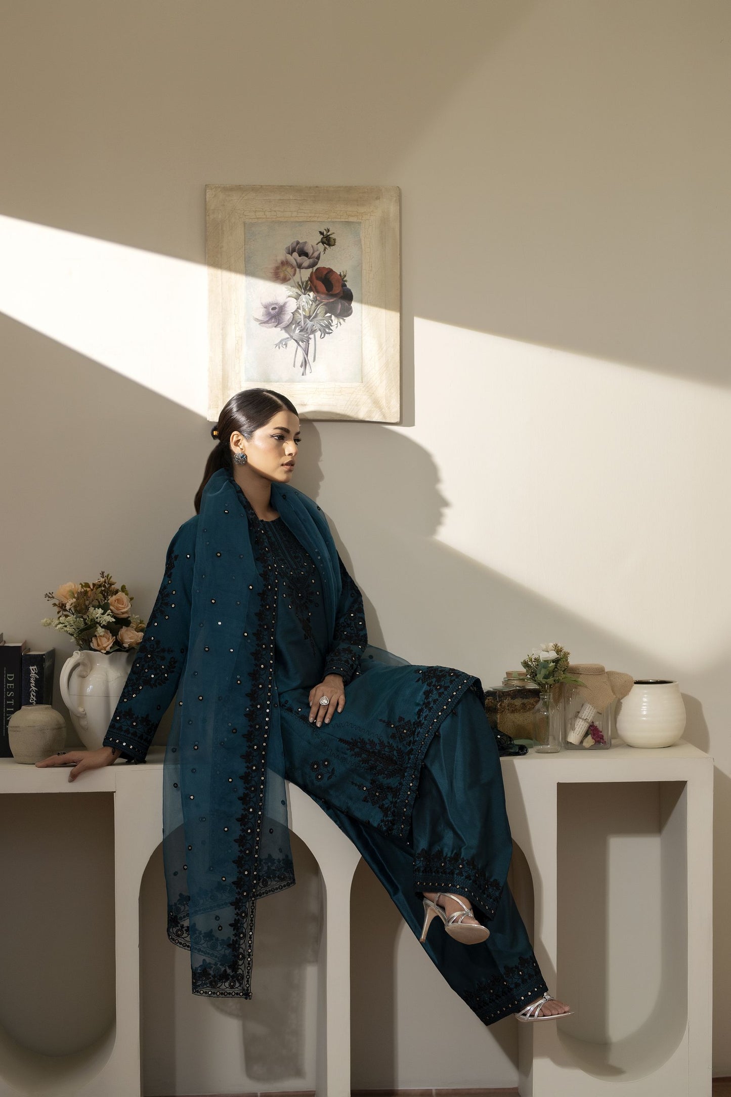 Teal Blue Embroidered Silk Farshi Salwar Suit Pakistani Outfit– Mehek by Mona MBM4