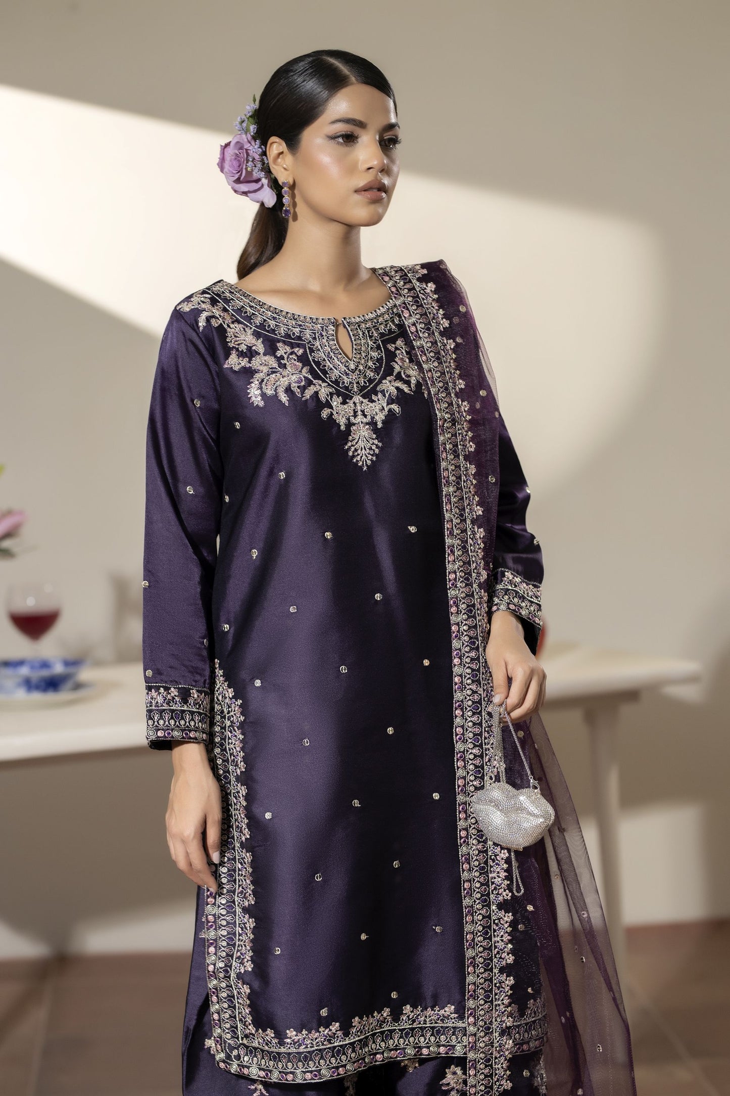 Aubergine Embroidered Silk Farshi Set with Sequin Detailing – Mehek by Mona MBM5