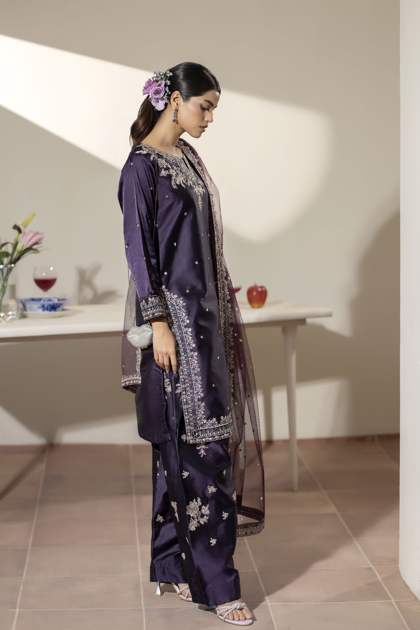 Aubergine Embroidered Silk Farshi Set with Sequin Detailing – Mehek by Mona MBM5