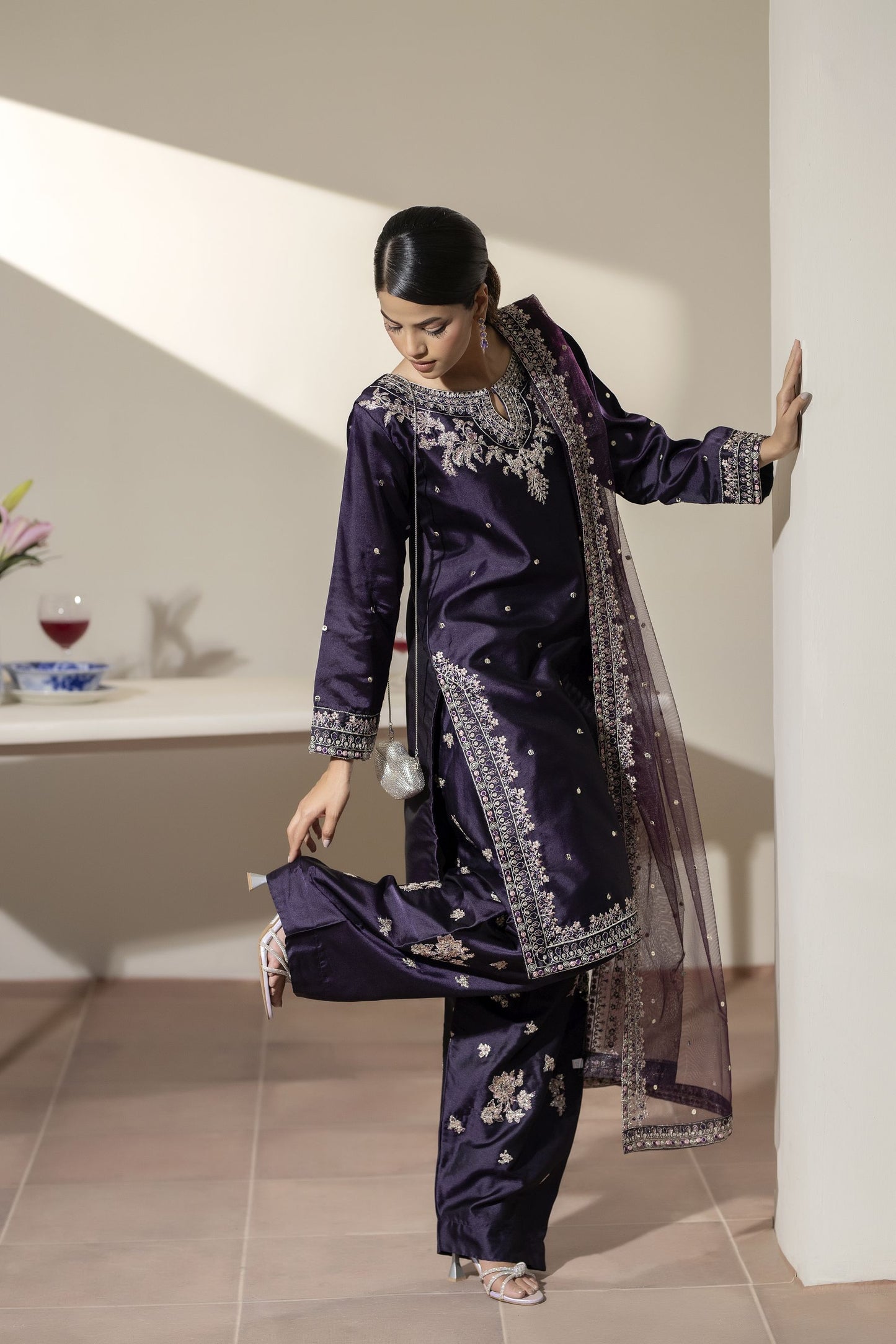 Aubergine Embroidered Silk Farshi Set with Sequin Detailing – Mehek by Mona MBM5