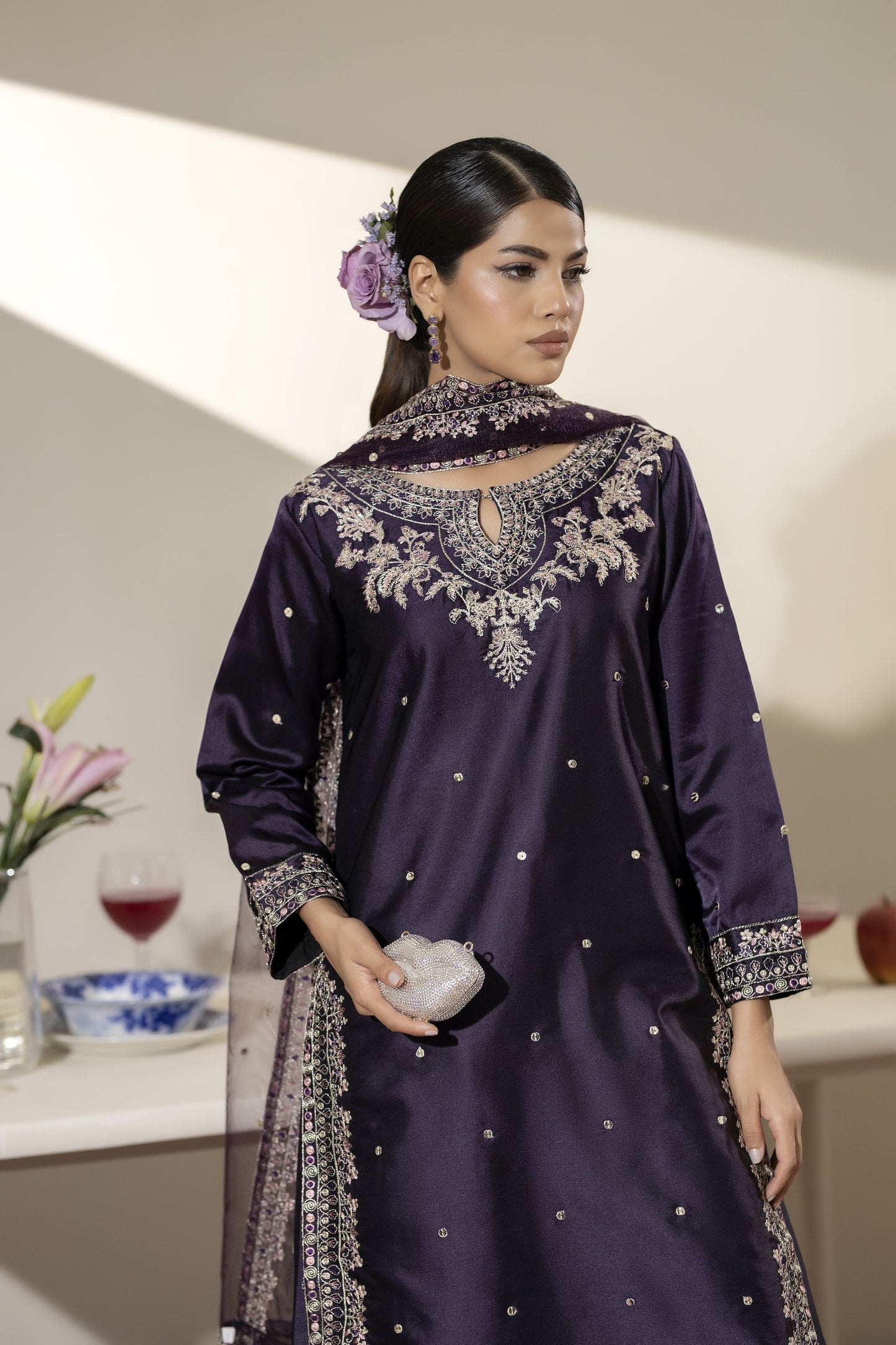 Aubergine Embroidered Silk Farshi Set with Sequin Detailing – Mehek by Mona MBM5