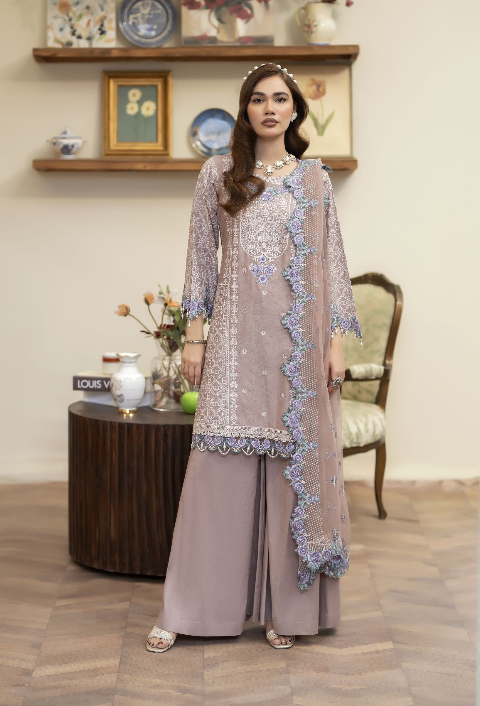Embroidered Cotton Jacquard Suit with Panel Sharara Reet by Mona RBY4